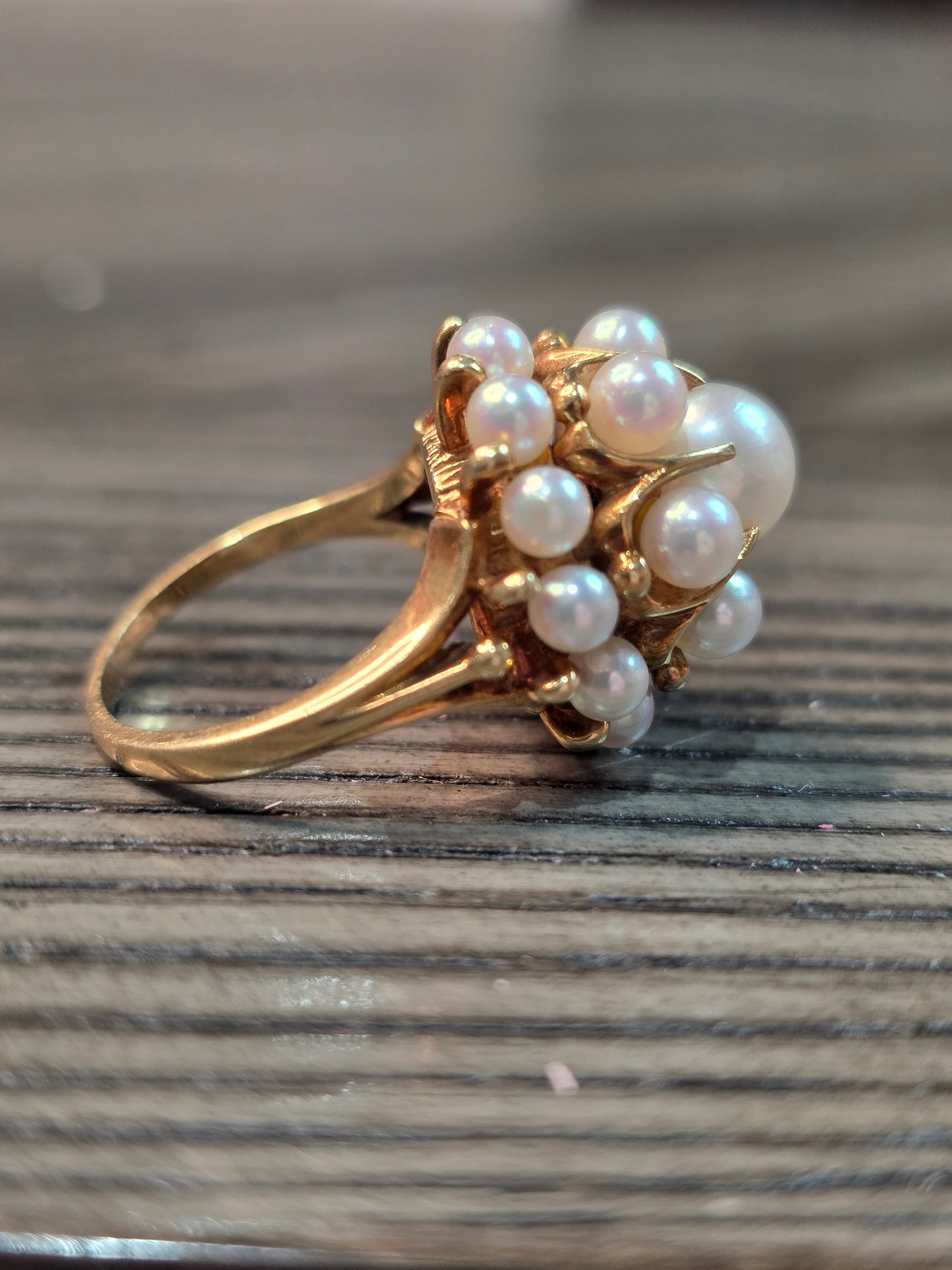 Vintage Mikimoto 14k Gold Akoya Pearl Tiered Cluster Ring