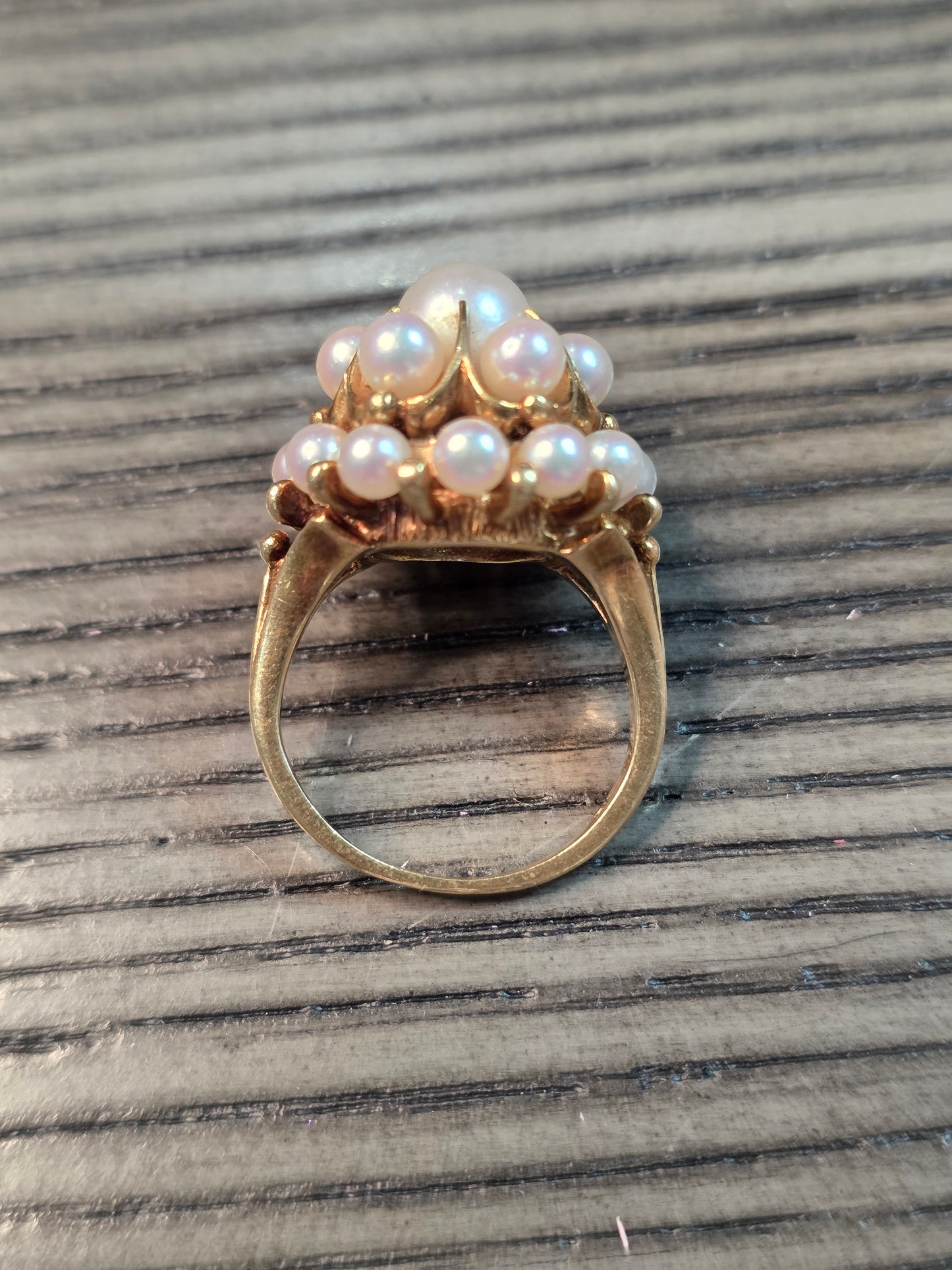 Vintage Mikimoto 14k Gold Akoya Pearl Tiered Cluster Ring