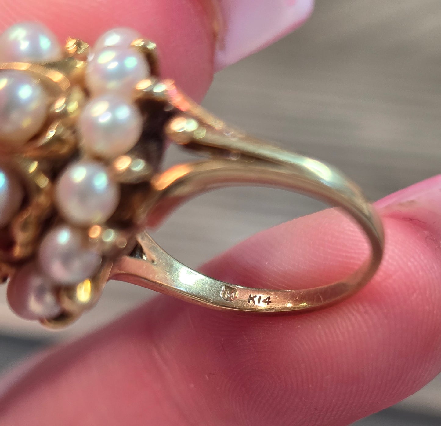 Vintage Mikimoto 14k Gold Akoya Pearl Tiered Cluster Ring