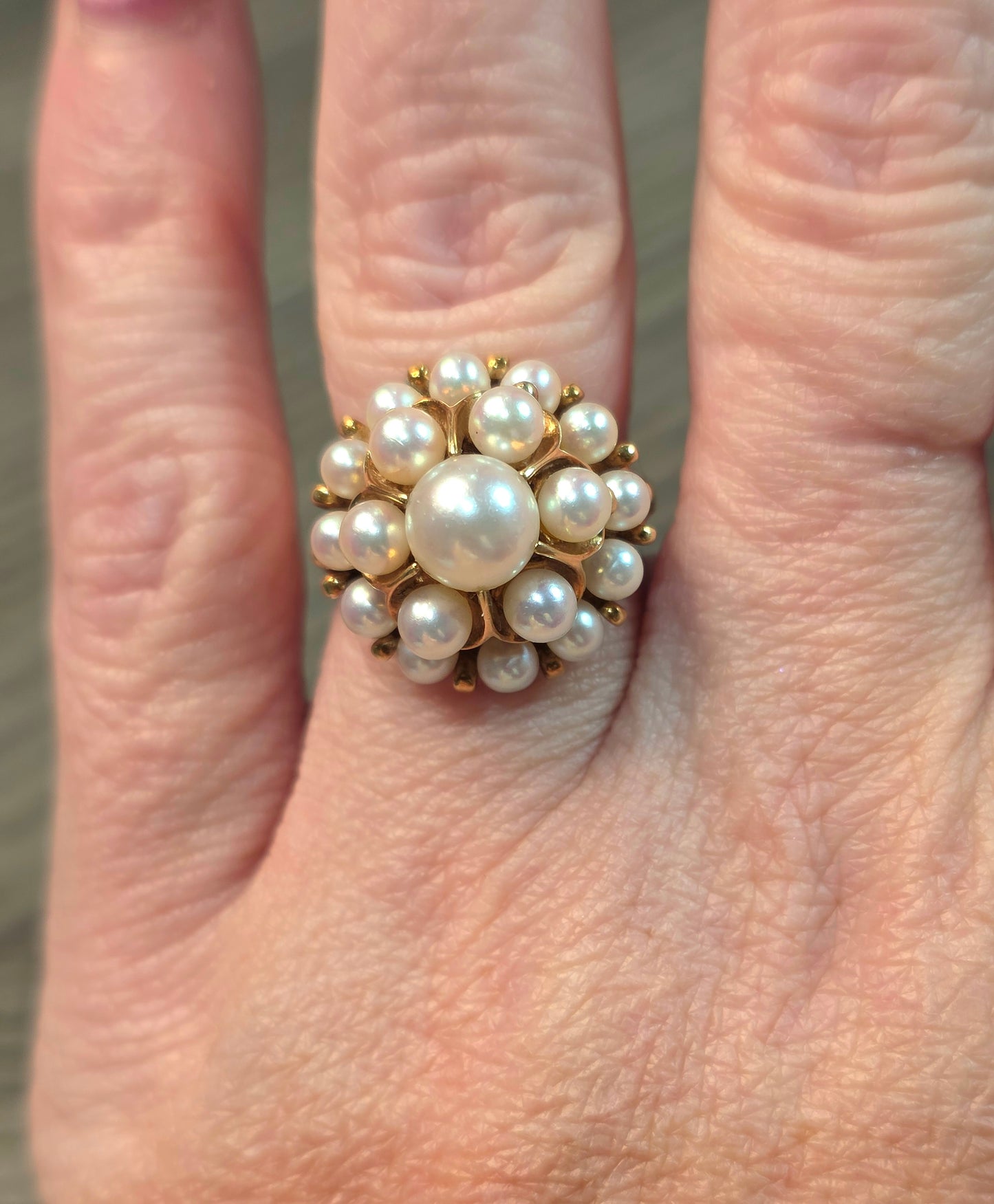 Vintage Mikimoto 14k Gold Akoya Pearl Tiered Cluster Ring