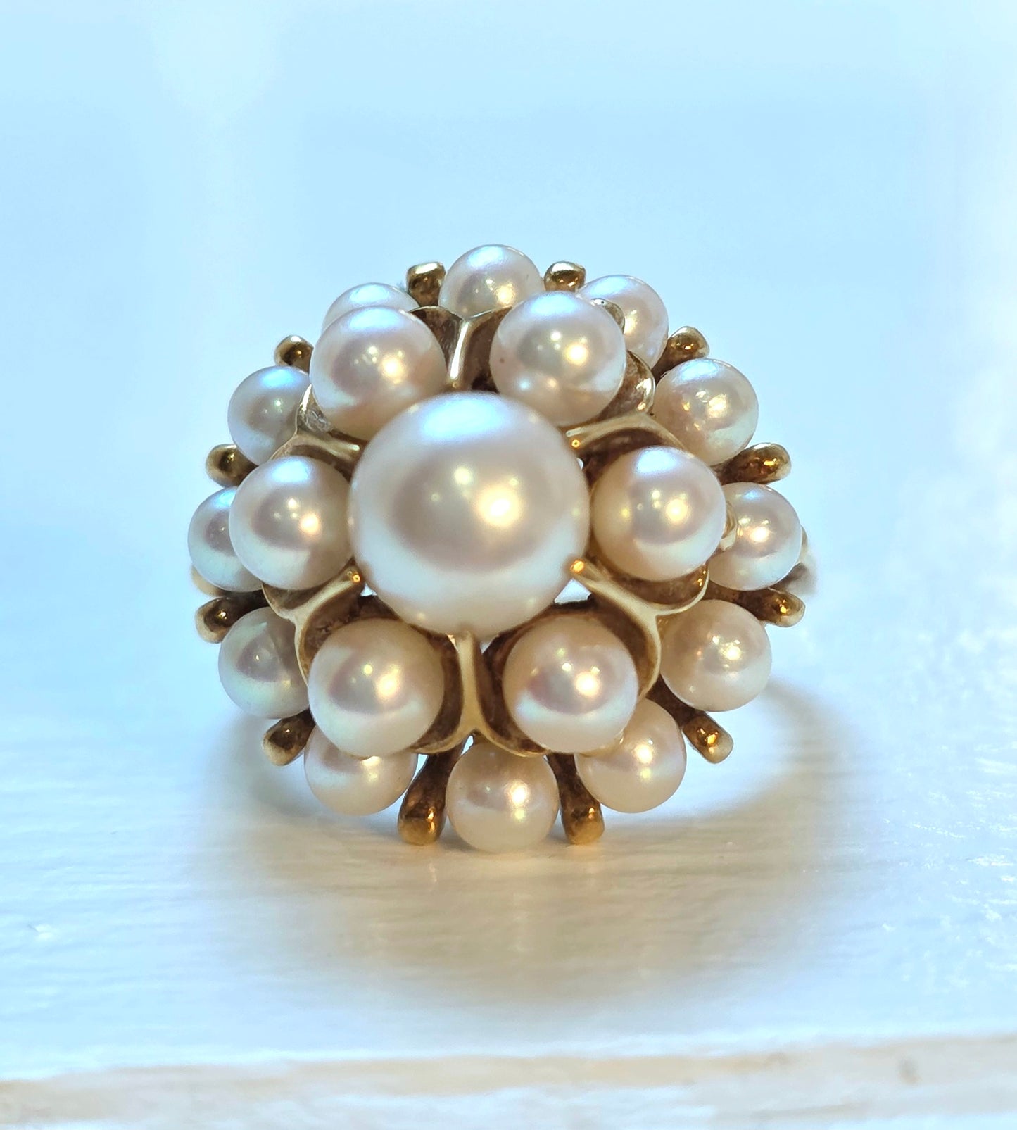 Vintage Mikimoto 14k Gold Akoya Pearl Tiered Cluster Ring