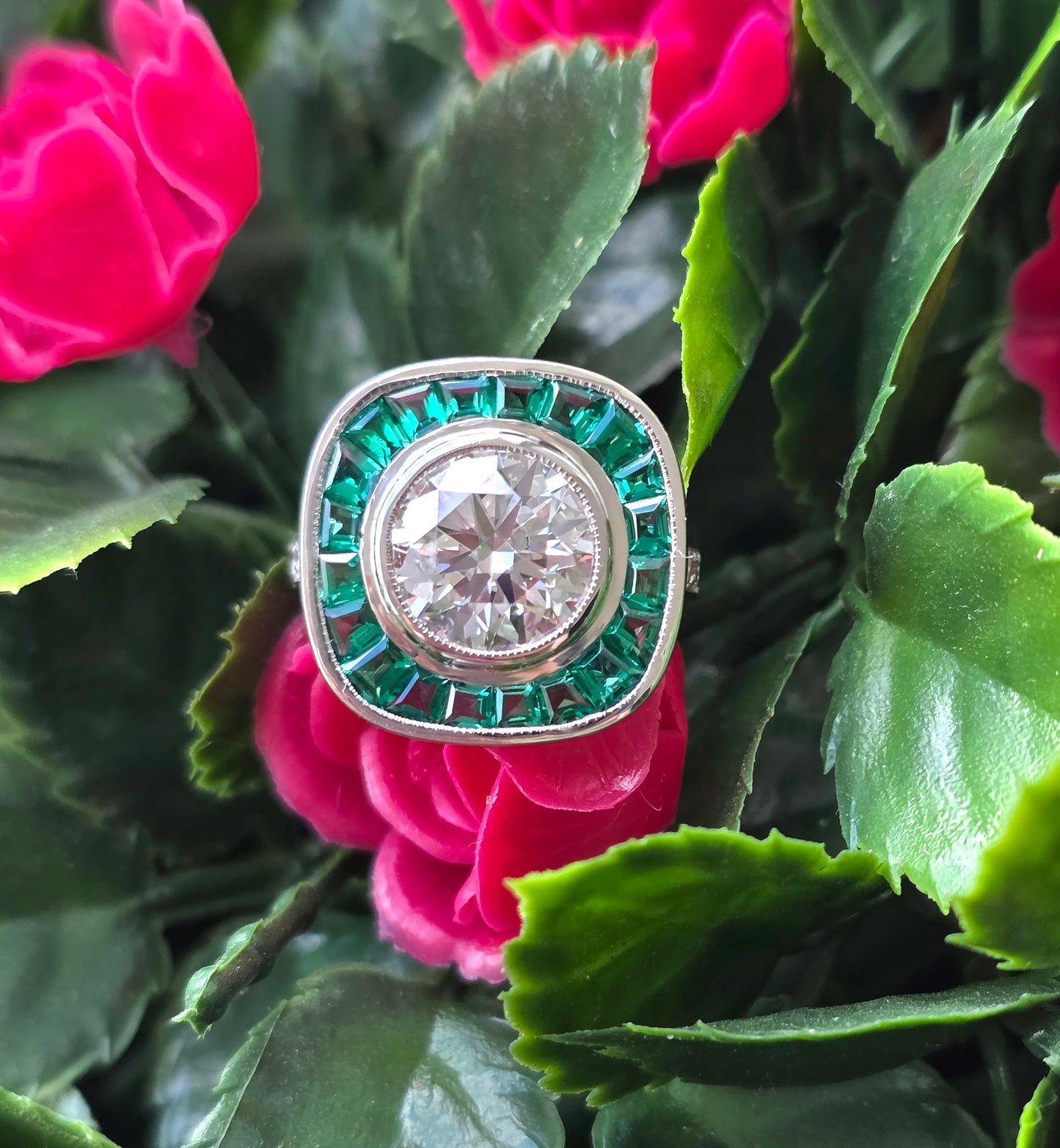 14k White Gold 3 Carat Lab Diamond & Tsavorite Garnet Halo Ring