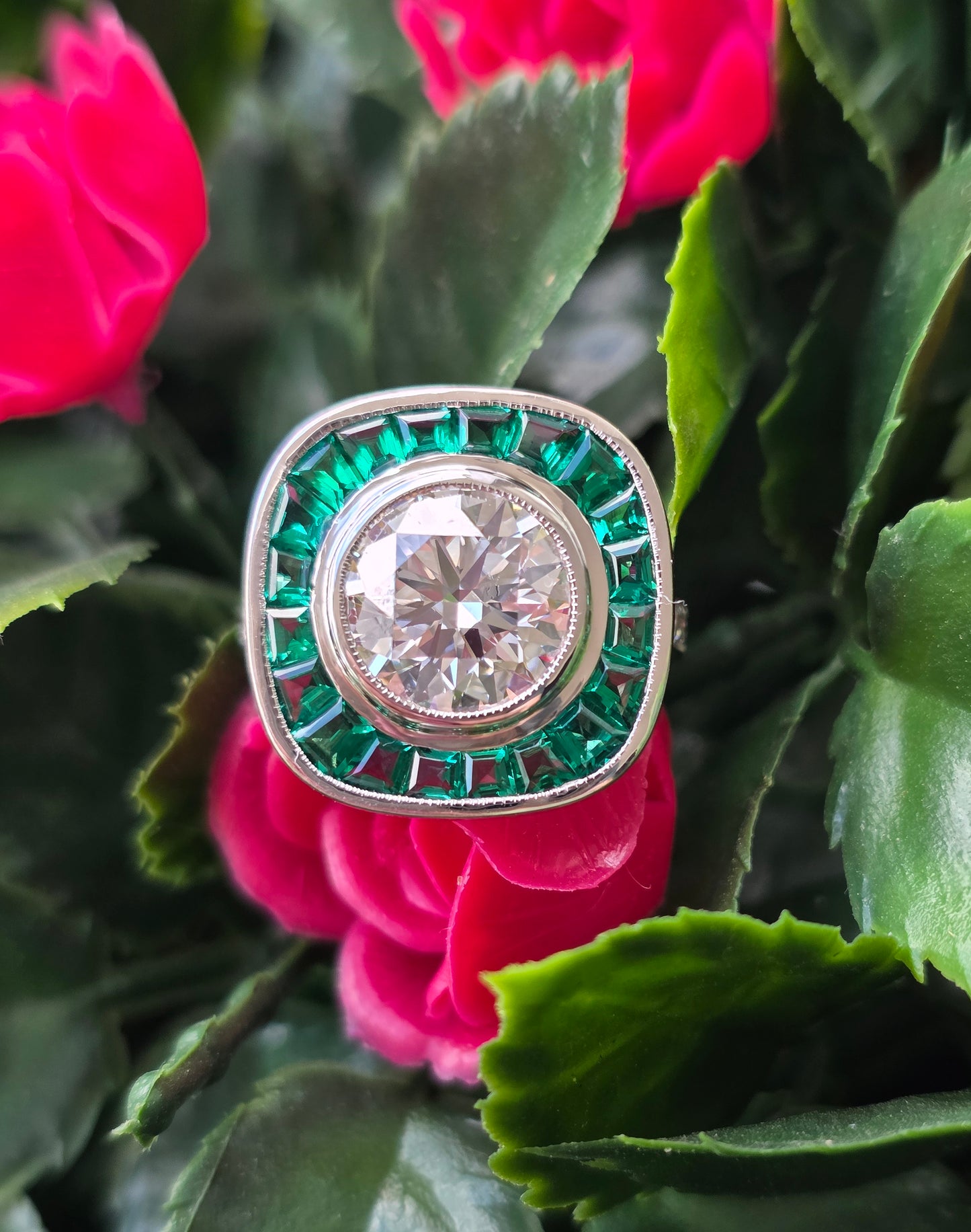 14k White Gold 3 Carat Lab Diamond & Tsavorite Garnet Halo Ring
