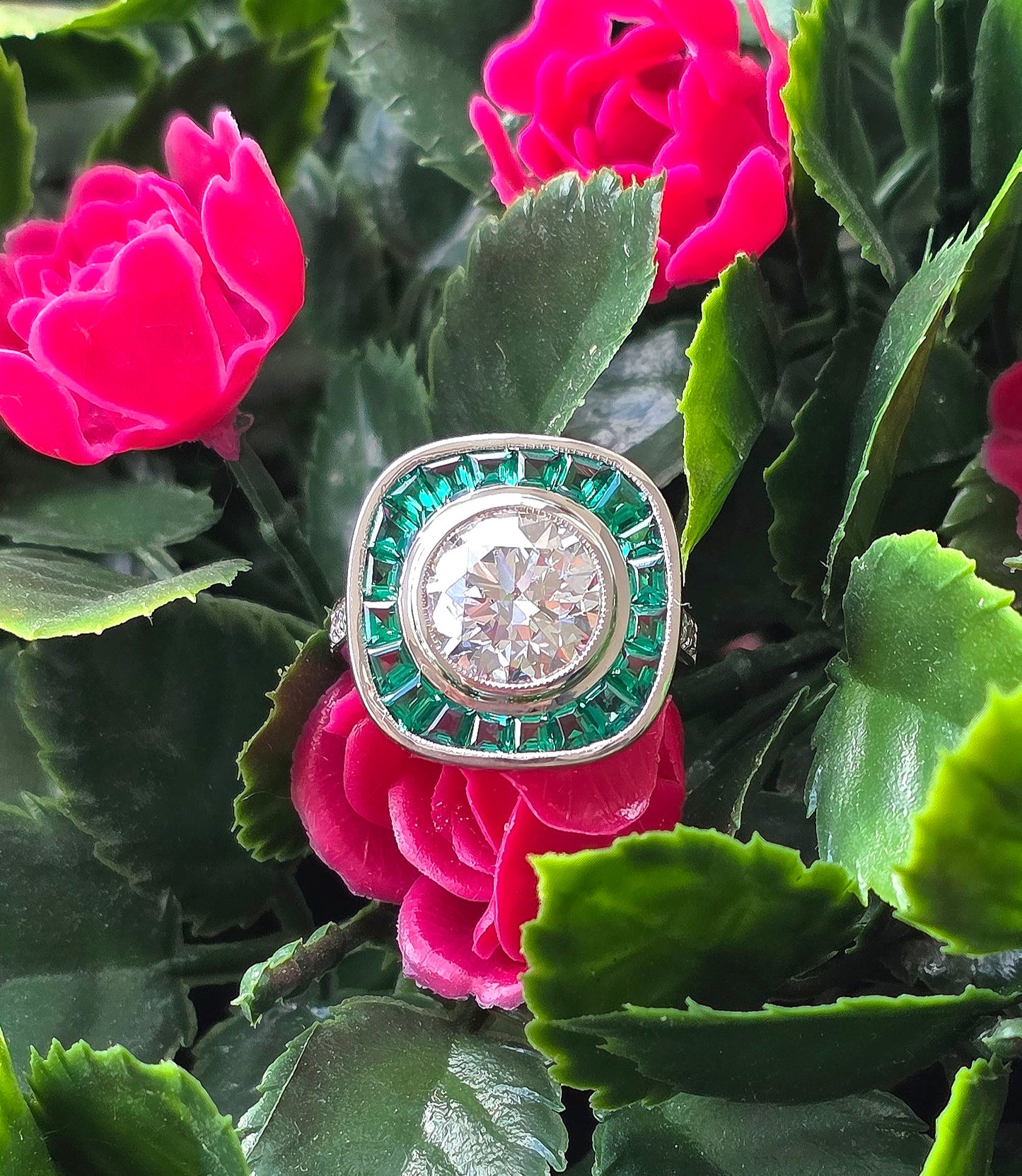 14k White Gold 3 Carat Lab Diamond & Tsavorite Garnet Halo Ring