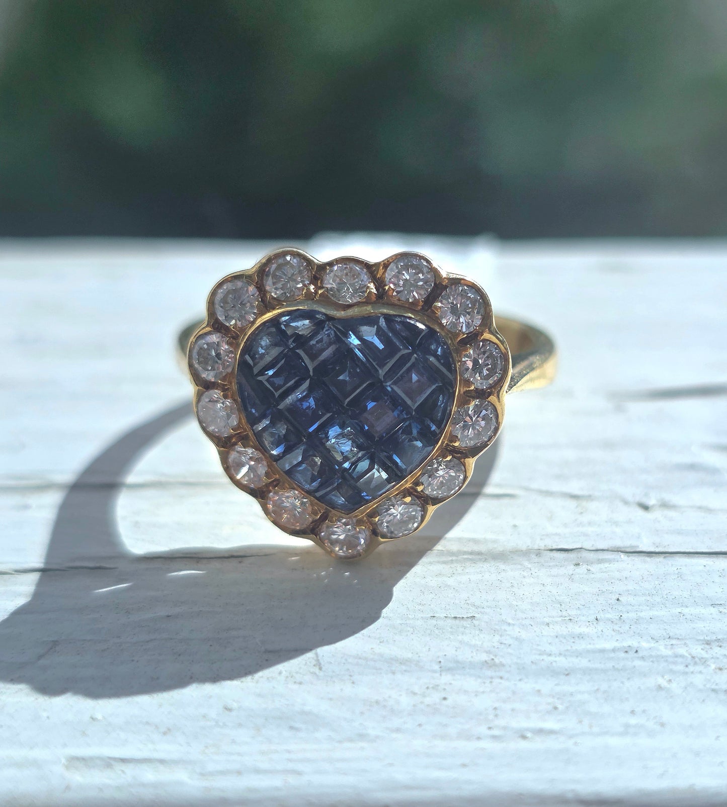 Vintage 18k Invisibly Set Sapphire and Diamond Halo Heart Ring