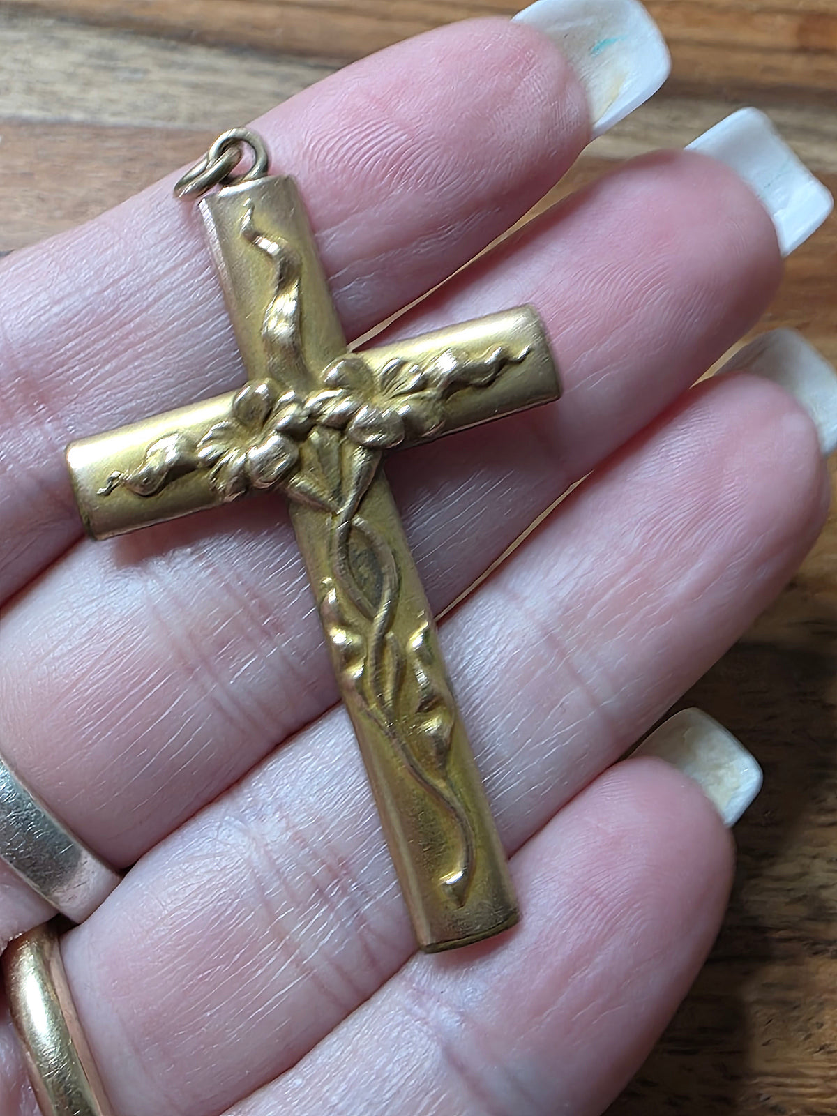 Art Nouveau Gold-Filled Floral Embossed Tube Cross Pendant