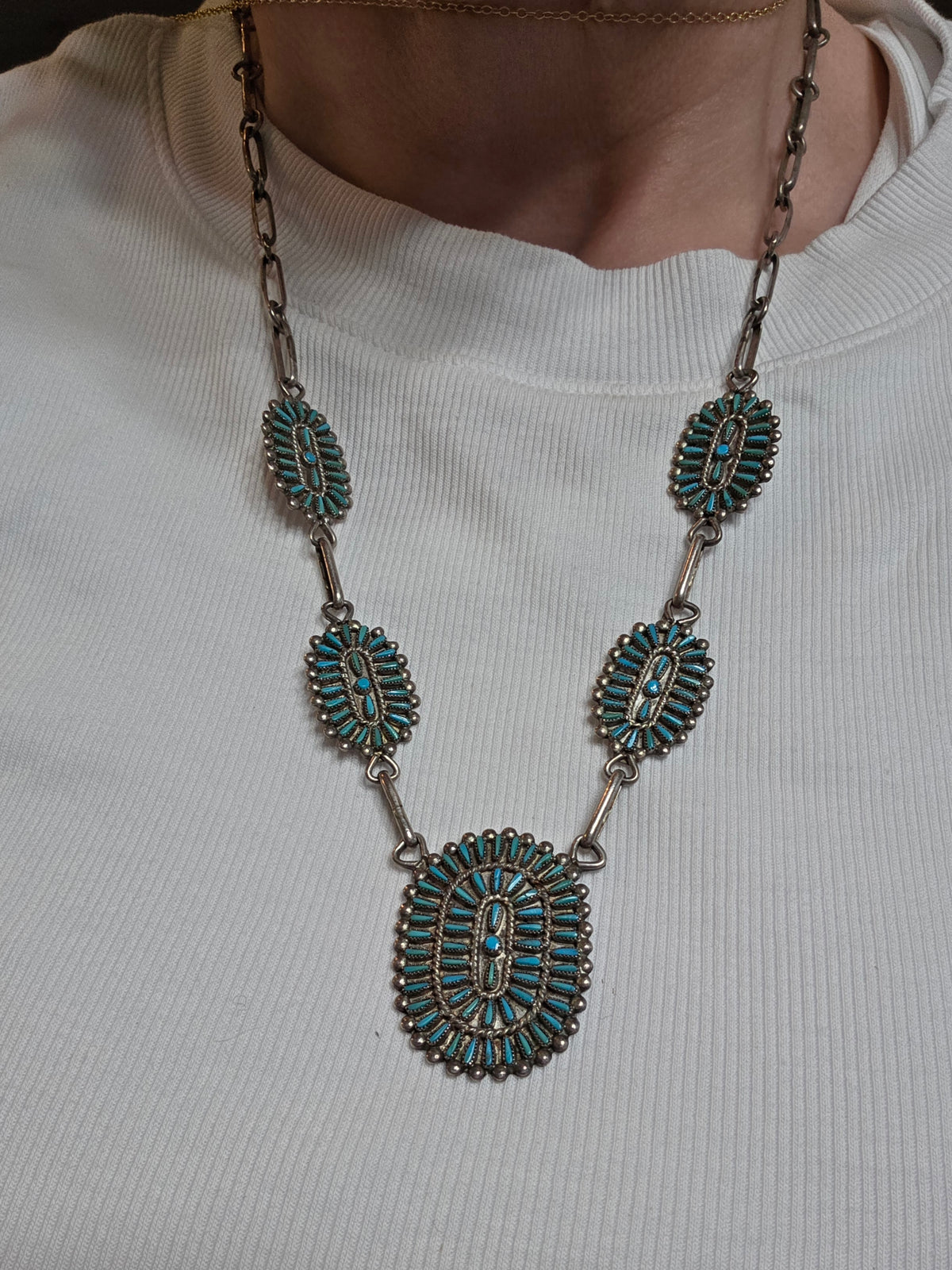 Vintage Zuni R.Q. Panteah Turquoise Needlepoint Sterling Silver Cluster Necklace