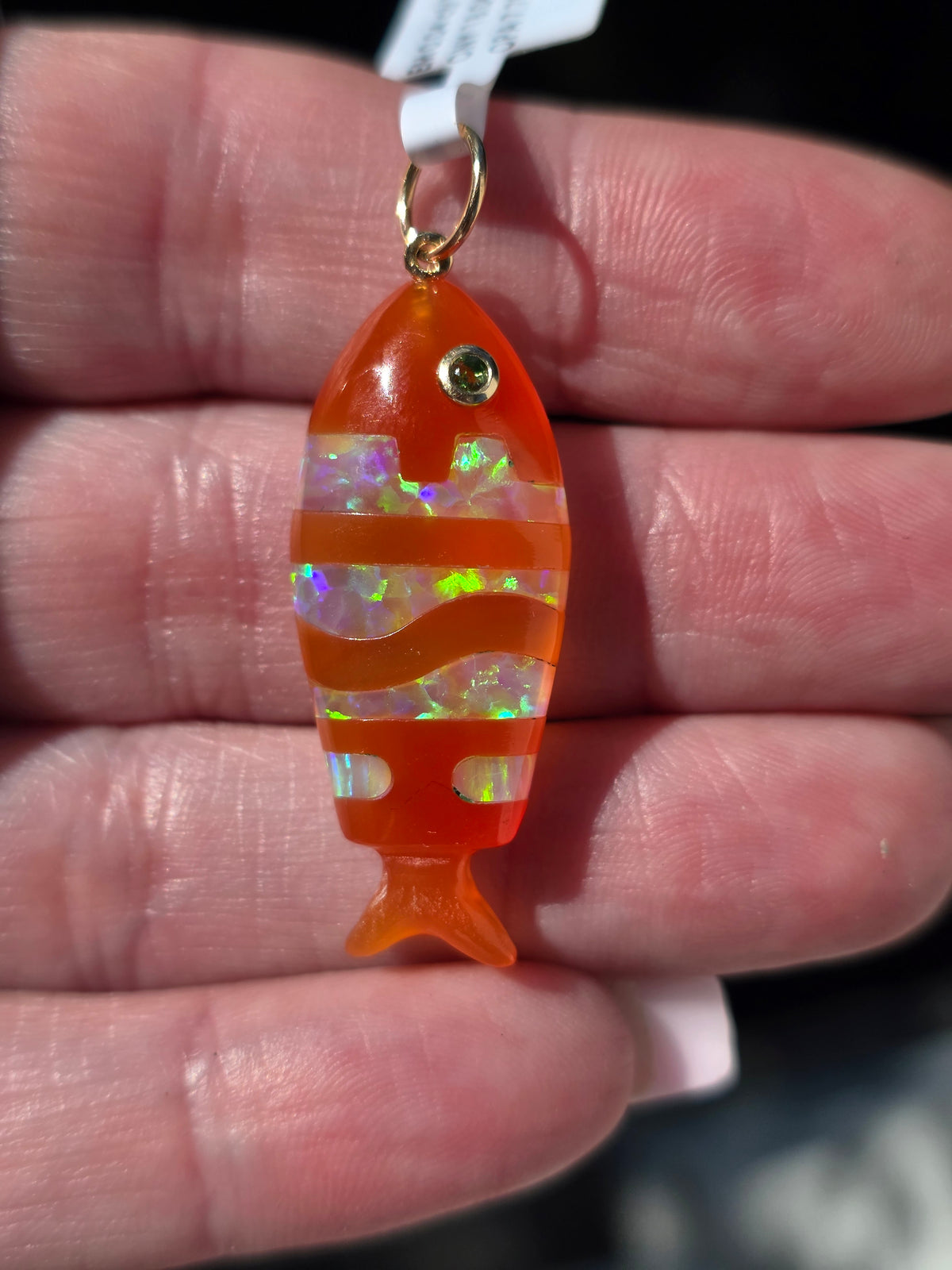 Orange Onyx, Opal 14k Gold Fish Pendant