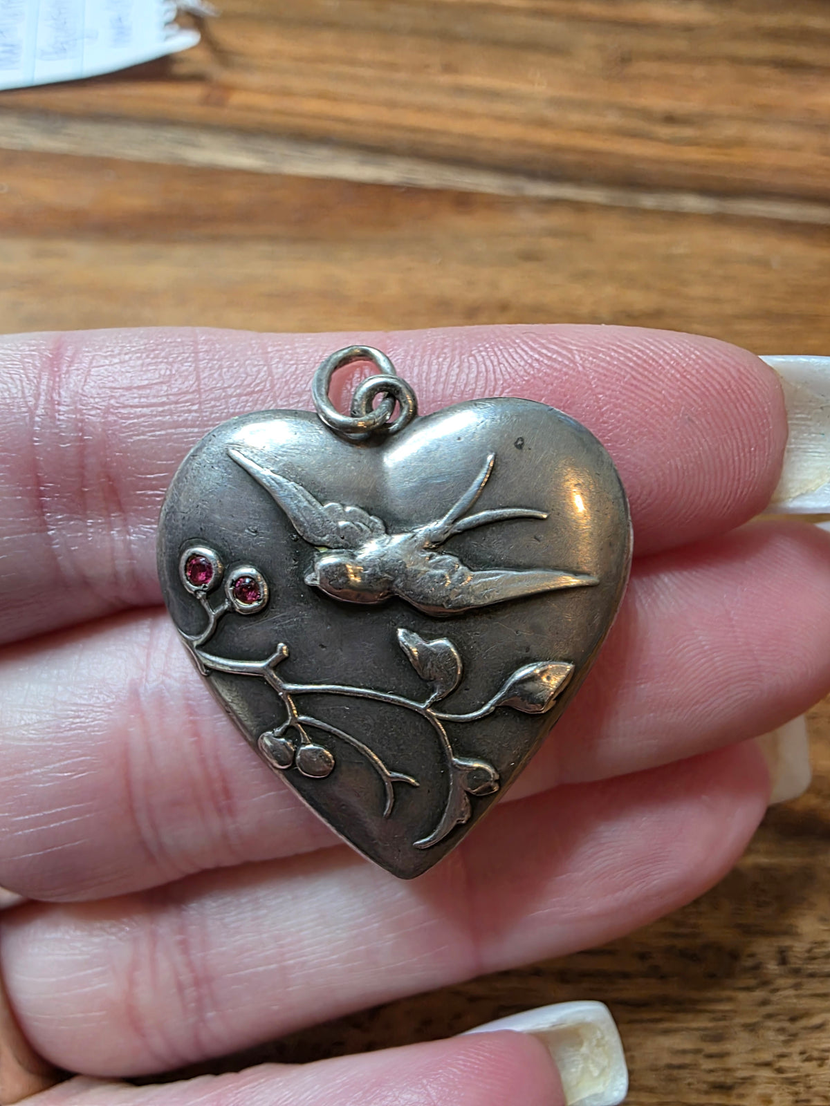 Antique European 800 Silver Puffy Heart Pendant Victorian Swallow & Ruby Berries
