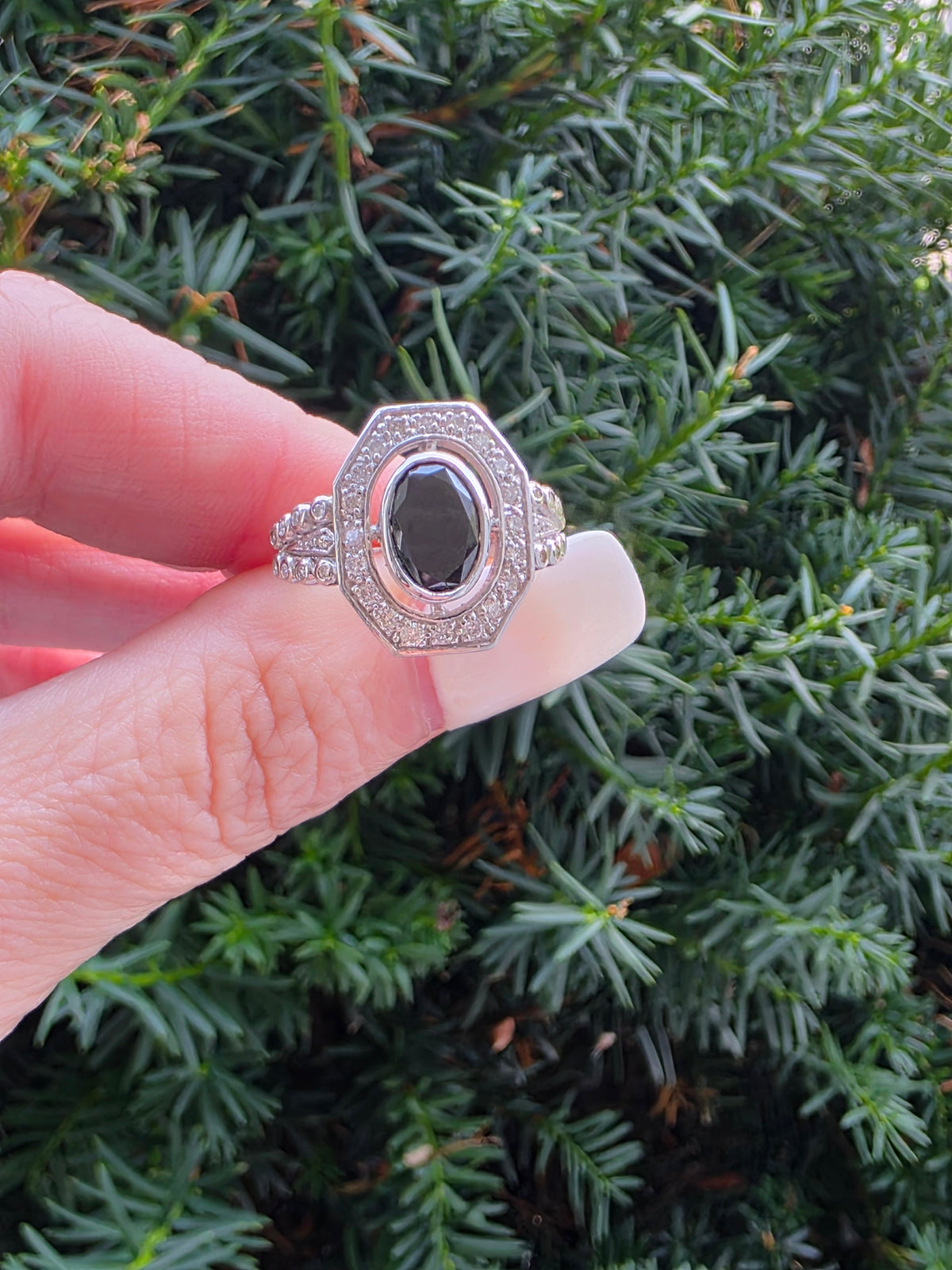 Estate 14k Oval Cut Black Diamond Halo Ring