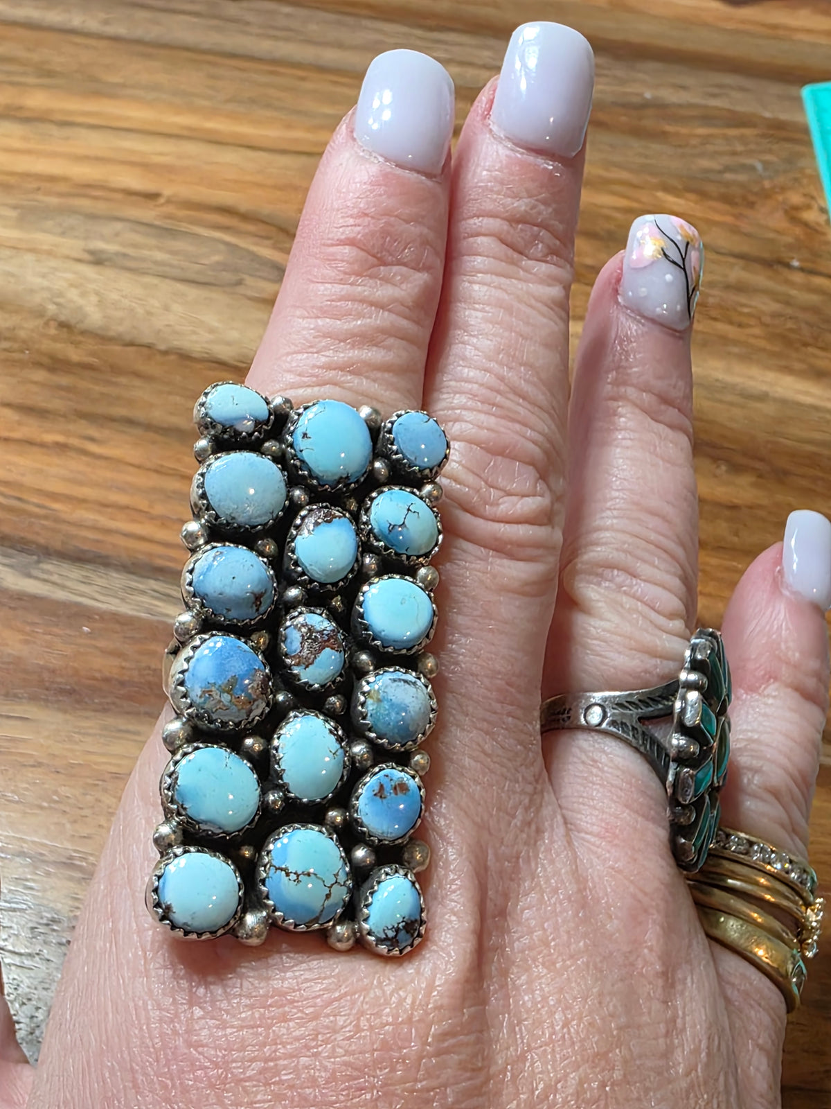 Navajo Anna Spencer Golden Hills Turquoise Cluster Ring, Adjustable, 925