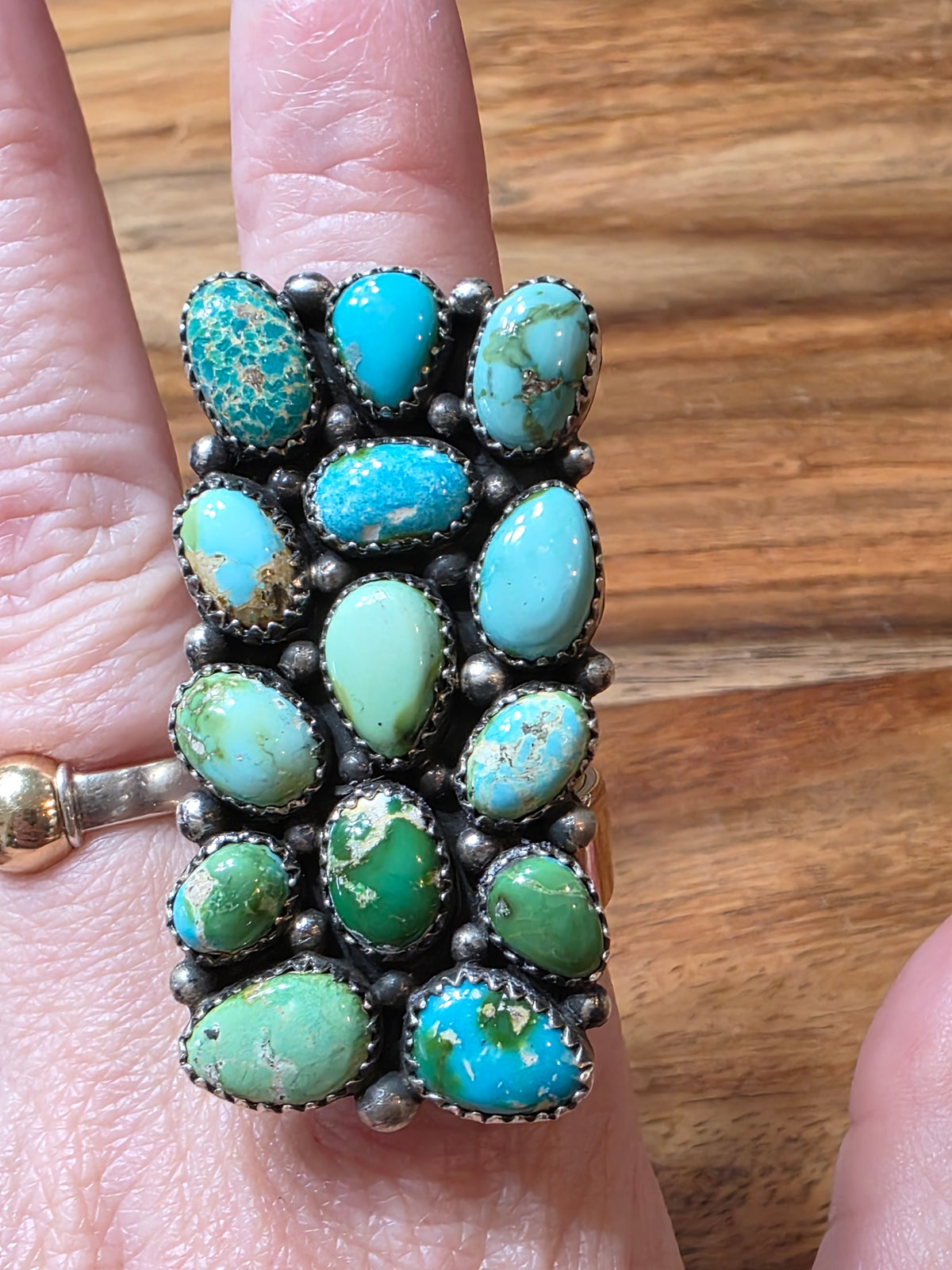 Navajo Anna Spencer Sonoran Gold Turquoise Cluster Ring, Adjustable, 925