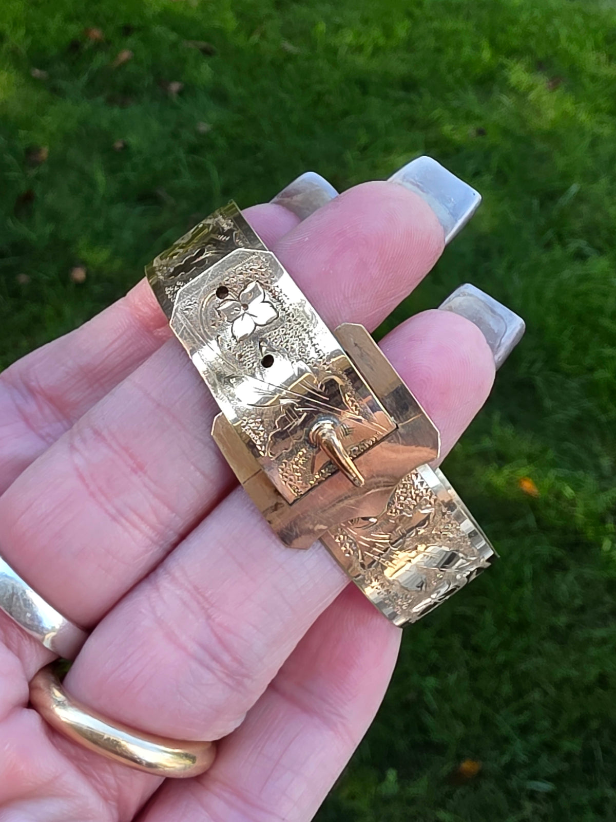 Antique Victorian Gold Filled Etched Floral Buckle Bangle Bracelet