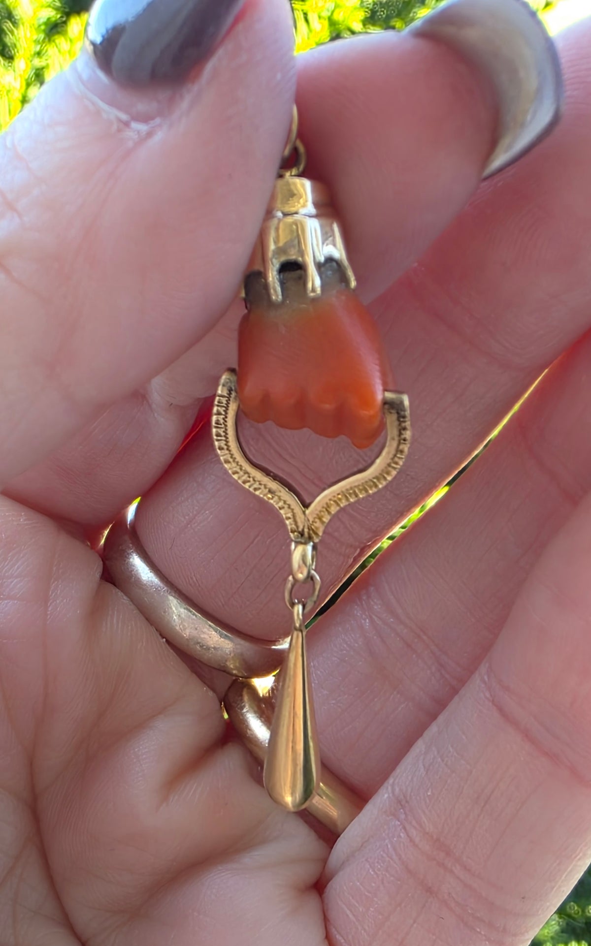 Antique Victorian 14K Gold Carved Coral Figa Fist Pendant Charm Talisman