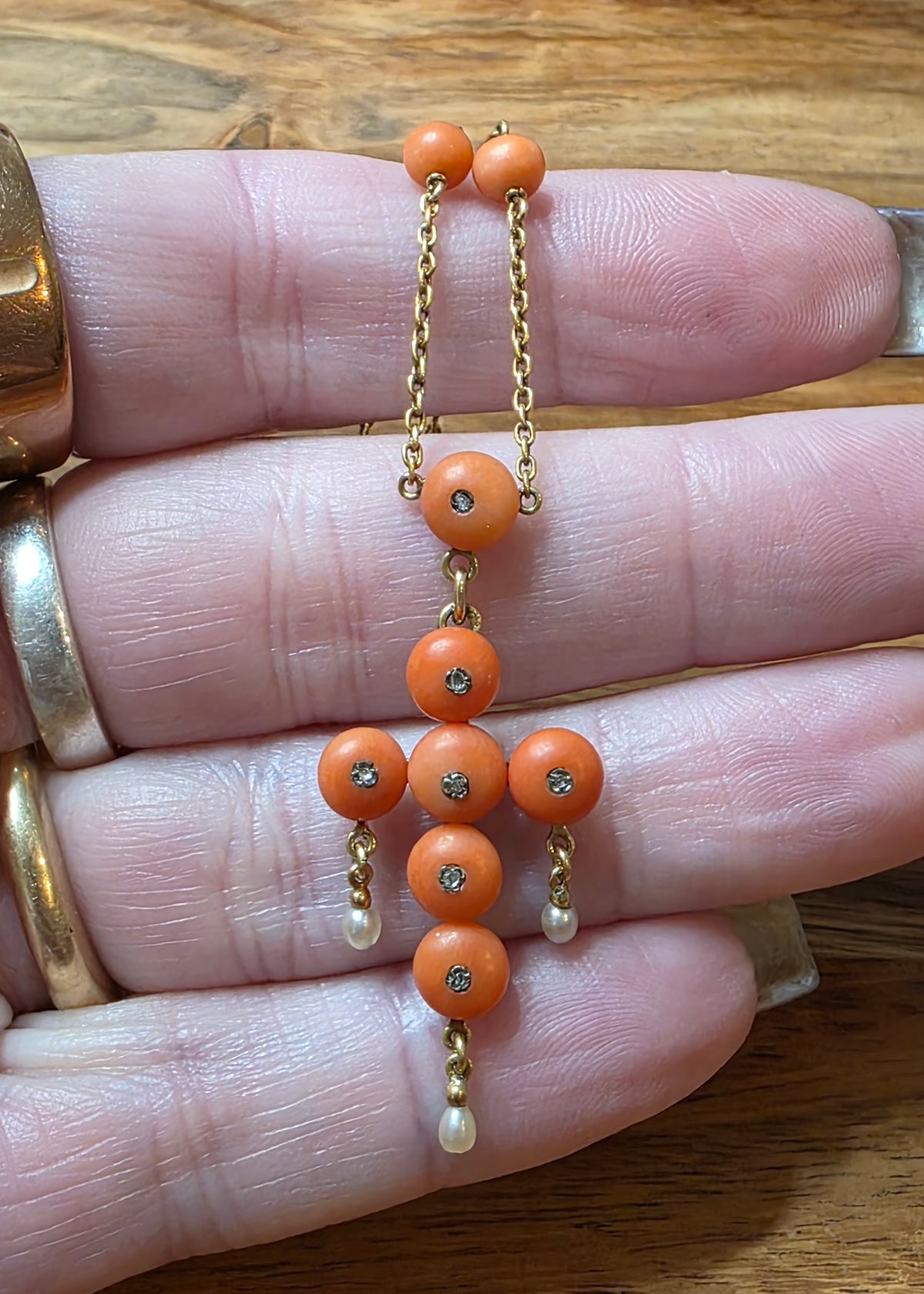 Antique Victorian 18K Gold Coral Diamond Seed Pearl Cross Pendant Necklace