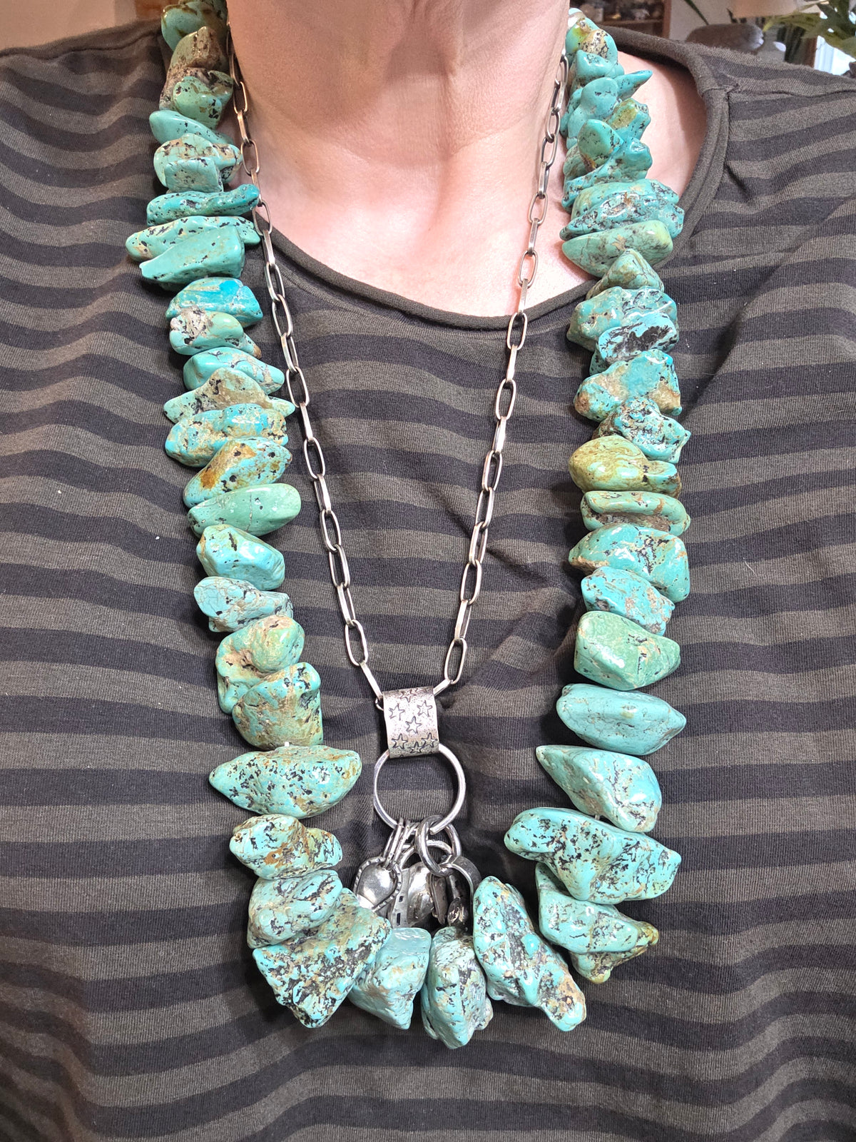Federico Jimenez Bold Turquoise Nugget Necklace Sterling Silver Inlaid End Caps
