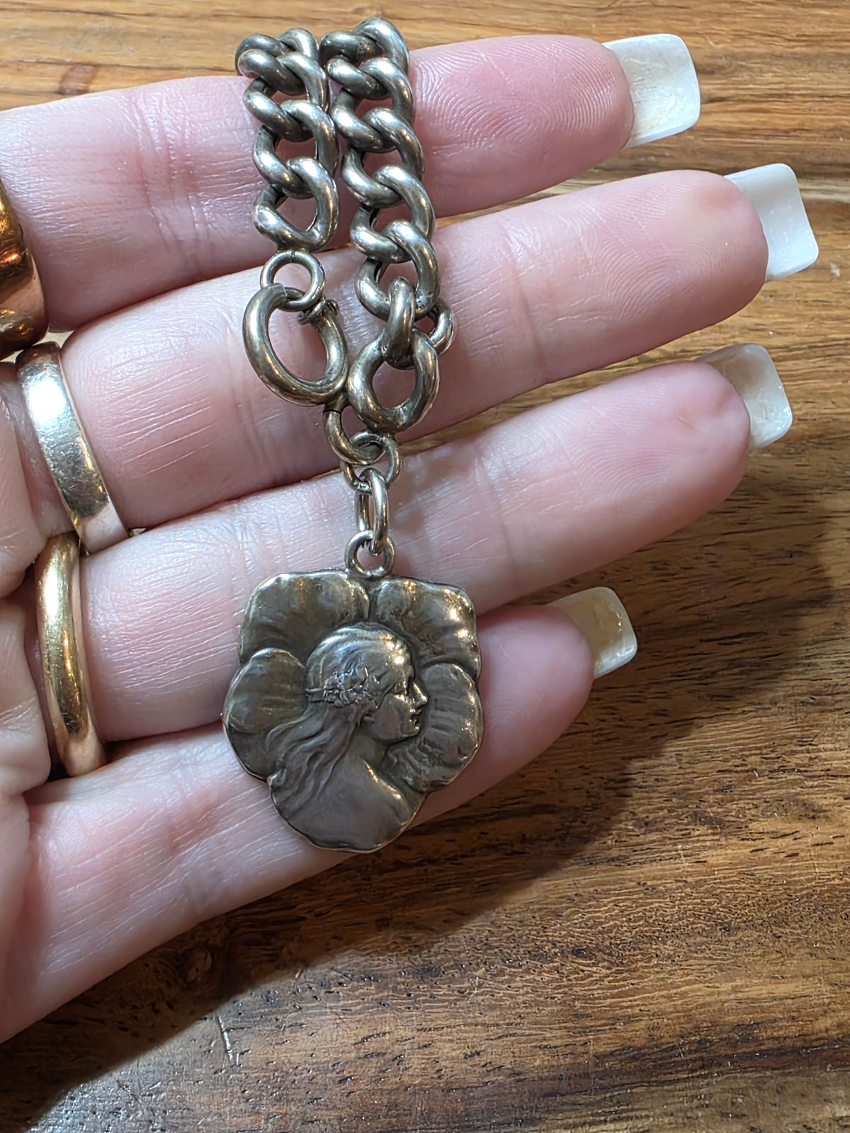Antique Art Nouveau 800 Silver Gibson Girl Charm Bracelet, Curb Chain