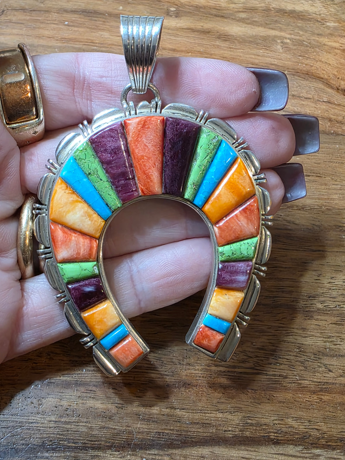 Signed Navajo Rick Tolino Sterling Silver Colorful Multi-Stone Naja Pendant