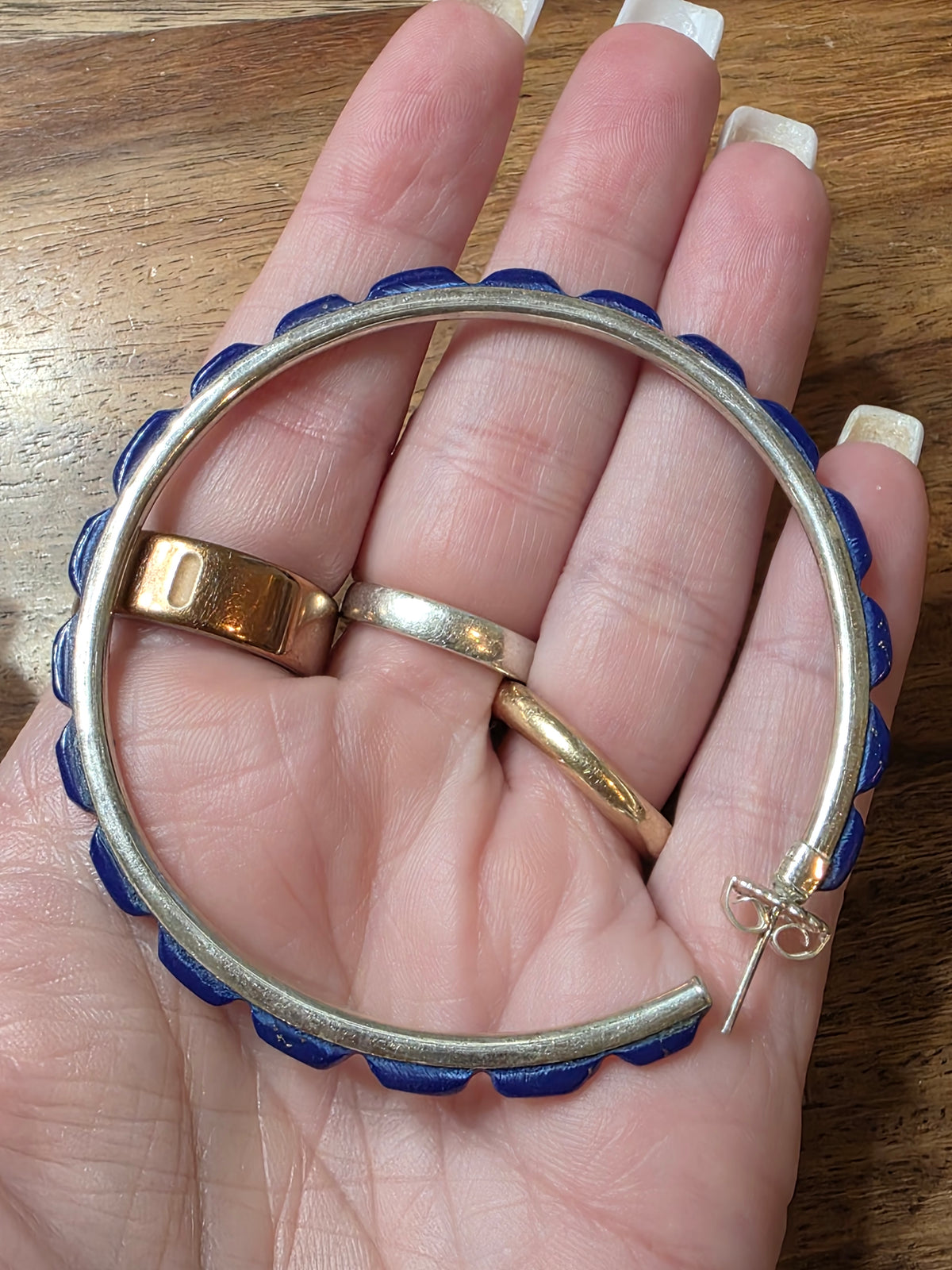 Large Federico Jimenez Sterling Silver Blue Lapis Lazuli Hoop Earrings 2 7/8"