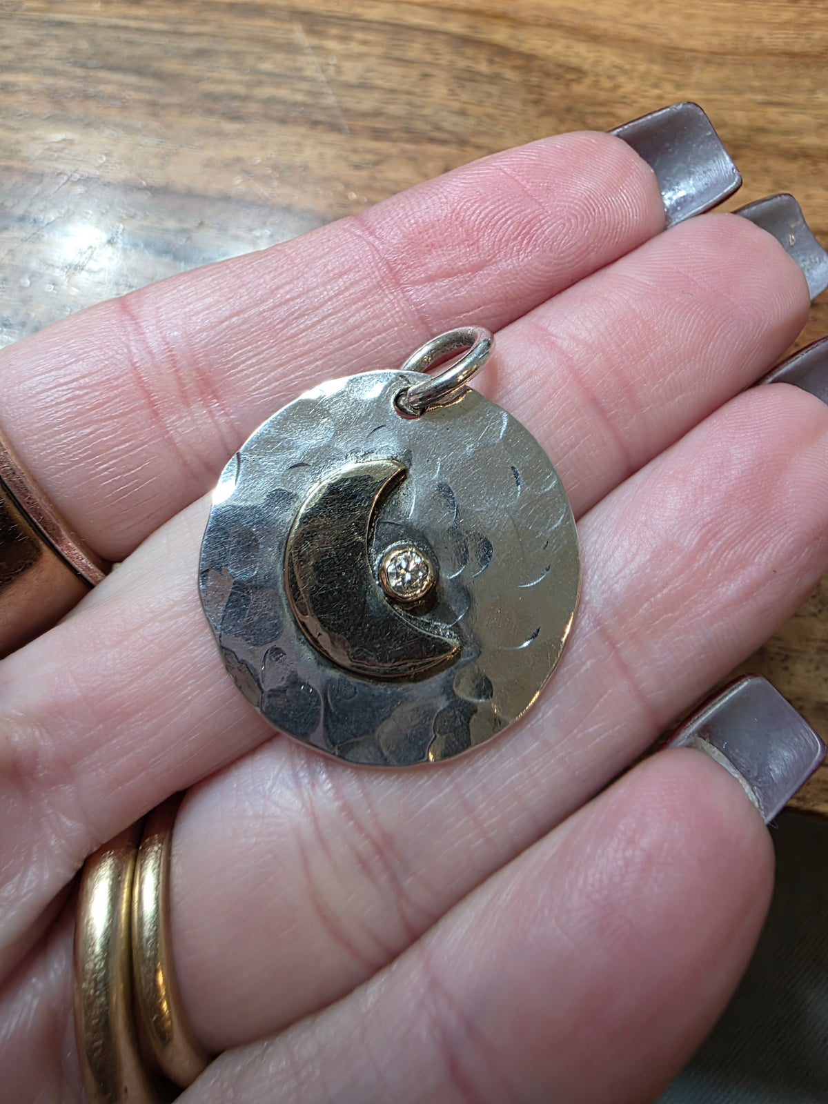 Richard Schmidt Sterling Silver & 14k Gold Diamond Crescent Moon Disc Pendant
