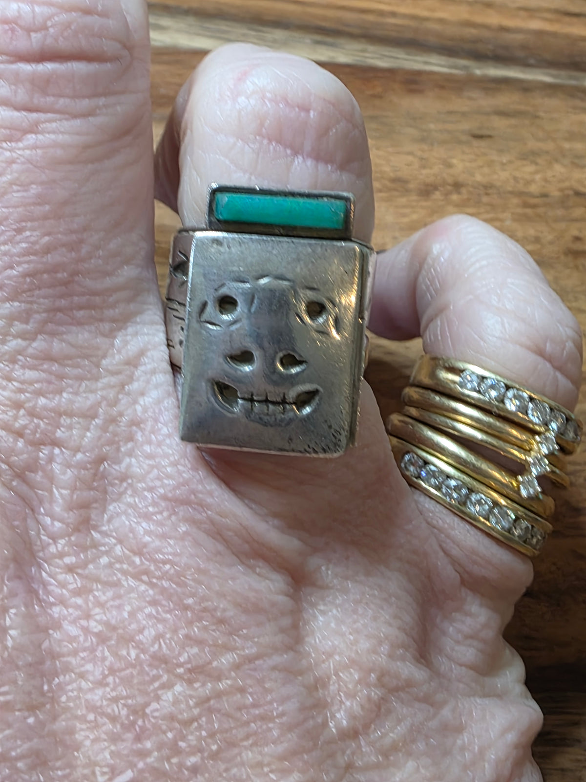 Native American Inuit Denise Wallace Vintage Sterling Silver Hinged "Seal Hunt" Mask Ring