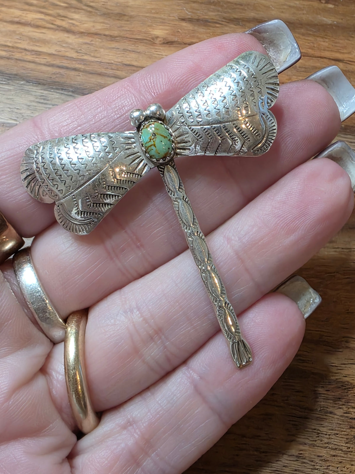 Old Pawn Vintage Navajo Sterling Silver & Turquoise Dragonfly Brooch Pin Signed