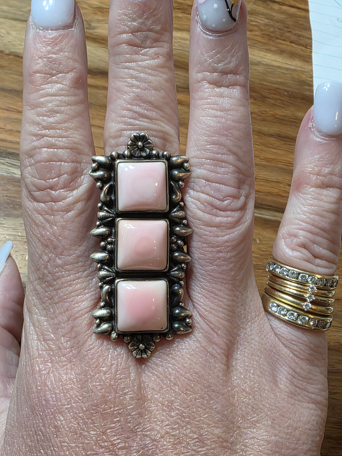Native American Sterling Silver Triple Pink Conch Shell Ring, Adjustable