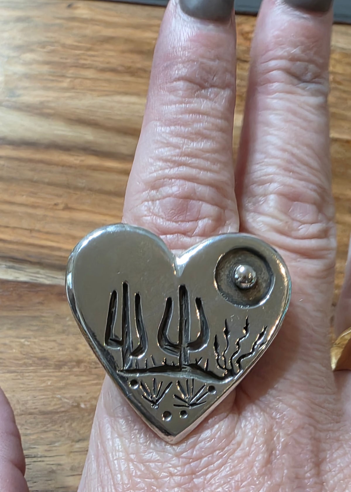 James Fendenheim Tohono O'odham Sterling Silver Heart Ring Size 8.5 Cactus Moon