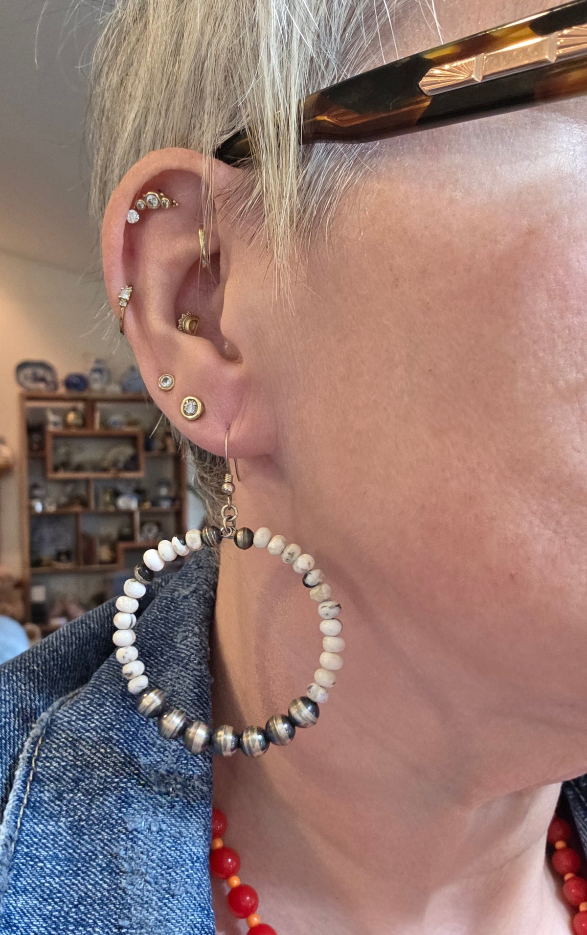 Native American Sterling Silver White Buffalo Navajo Pearls Hoop Earrings
