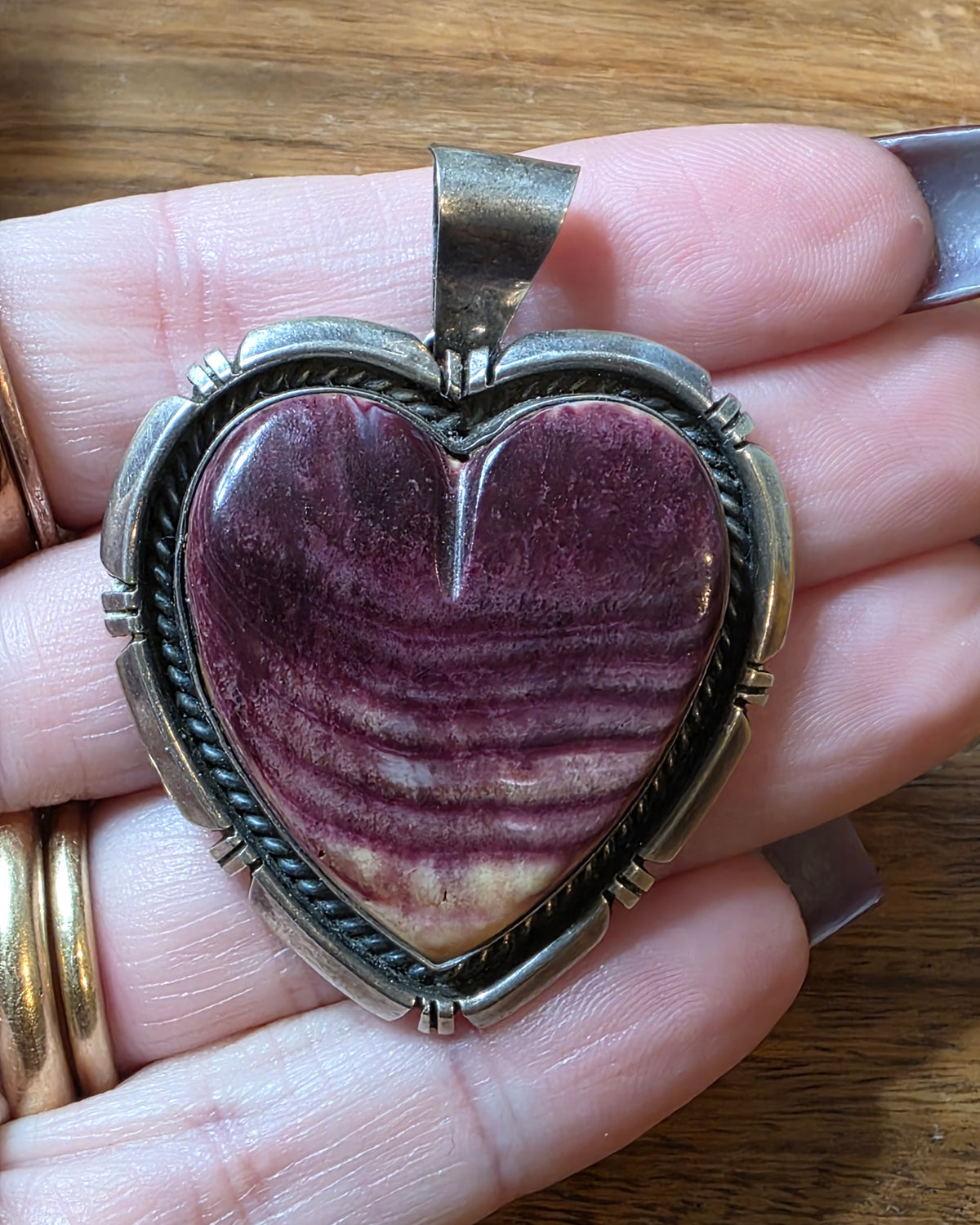 Navajo Eugene Belone Purple Spiny Oyster Sterling Silver Heart Pendant Signed