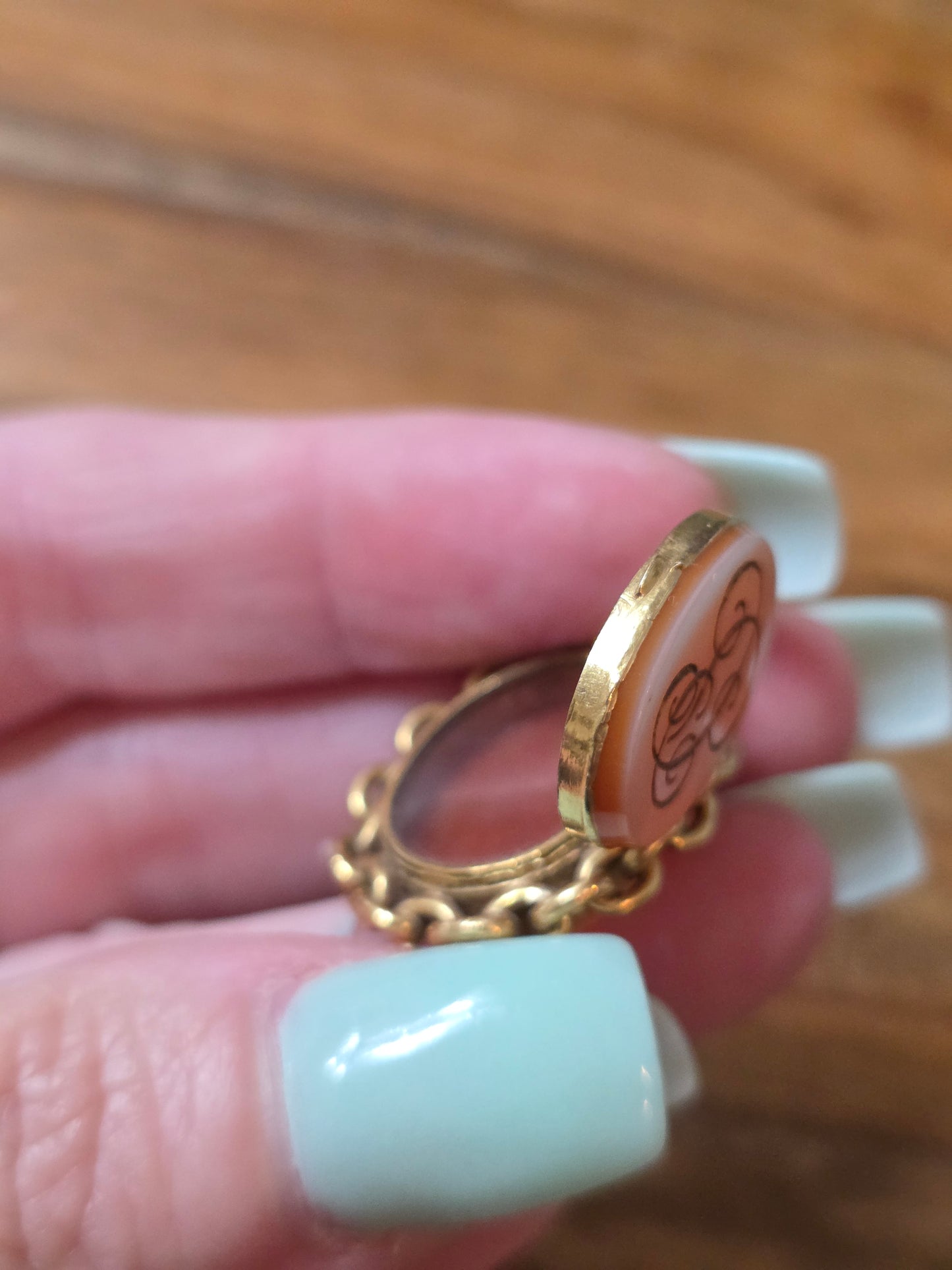 Antique 18k Gold Chain Link Sardonyx Locket Fob with Monogram