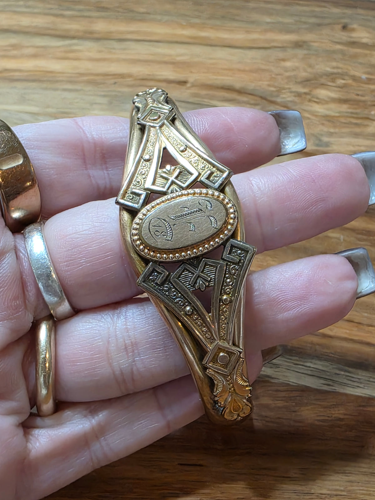 Antique Art Nouveau Gold-Filled Hinged Bangle Bracelet Monogram "E"
