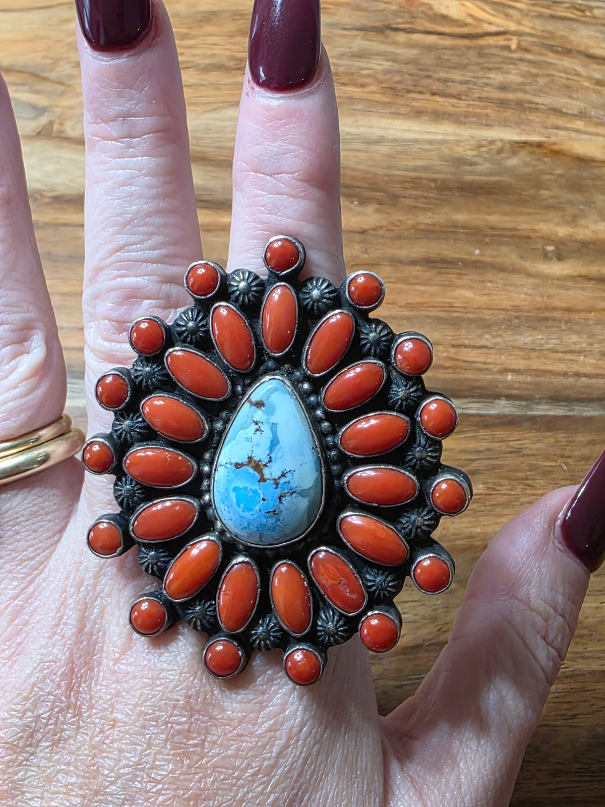 Shawn Cayatineto Navajo Golden Hills Turquoise & Red Coral Cluster Ring, Large