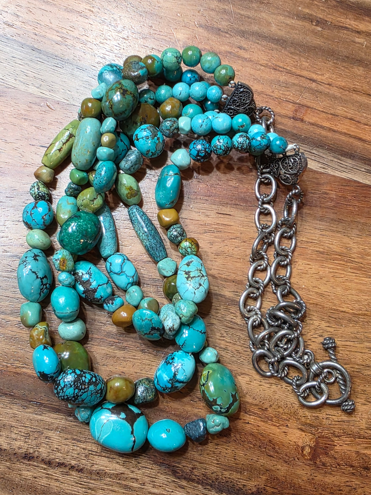 Signed BJ China 925 Sterling Silver Multi 3 Strand Turquoise Chunky Bib Necklace