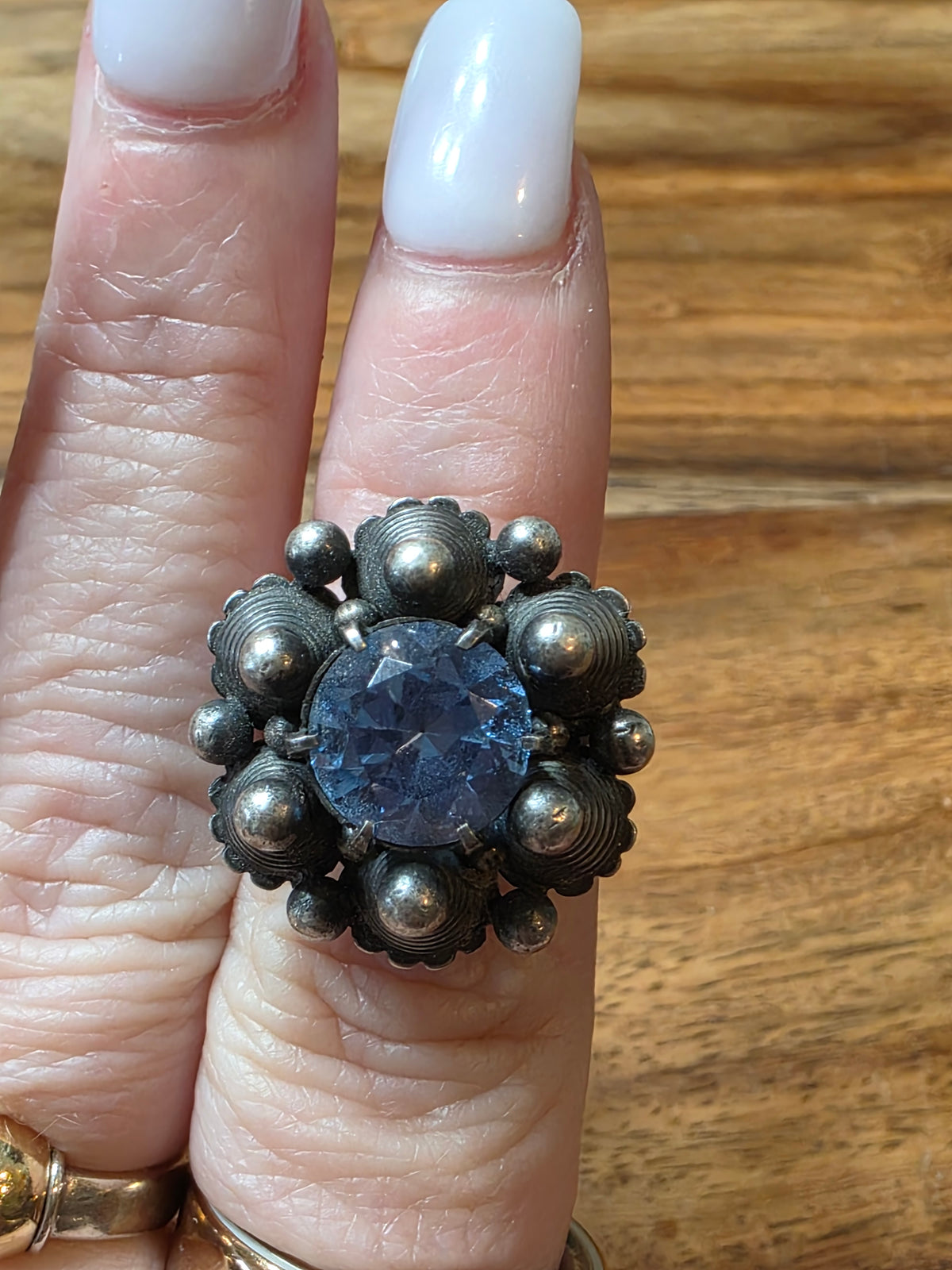 Vintage 925 Sterling Blue Topaz Flower Dome Cocktail Ring Tribal Modernist