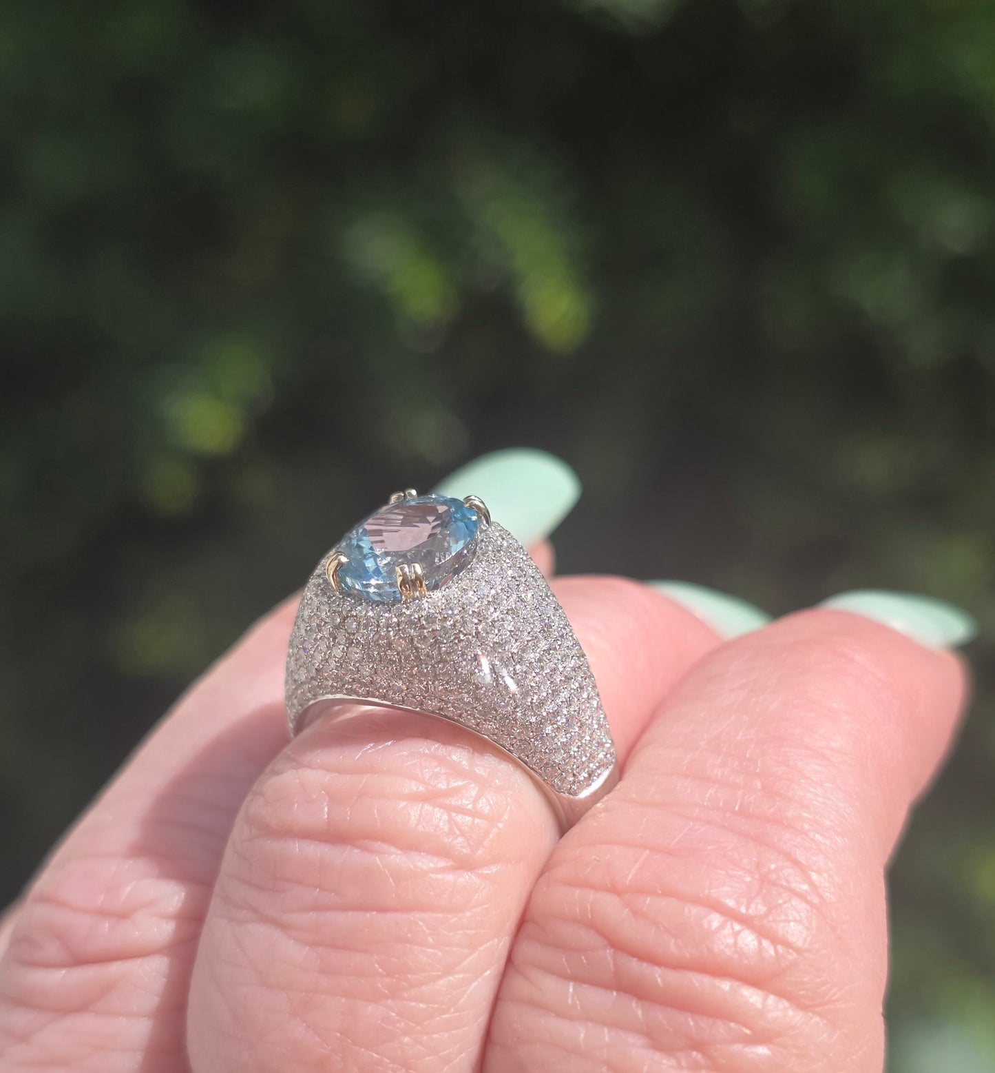 18k Aquamarine & Pave Set Diamond Bombe Ring