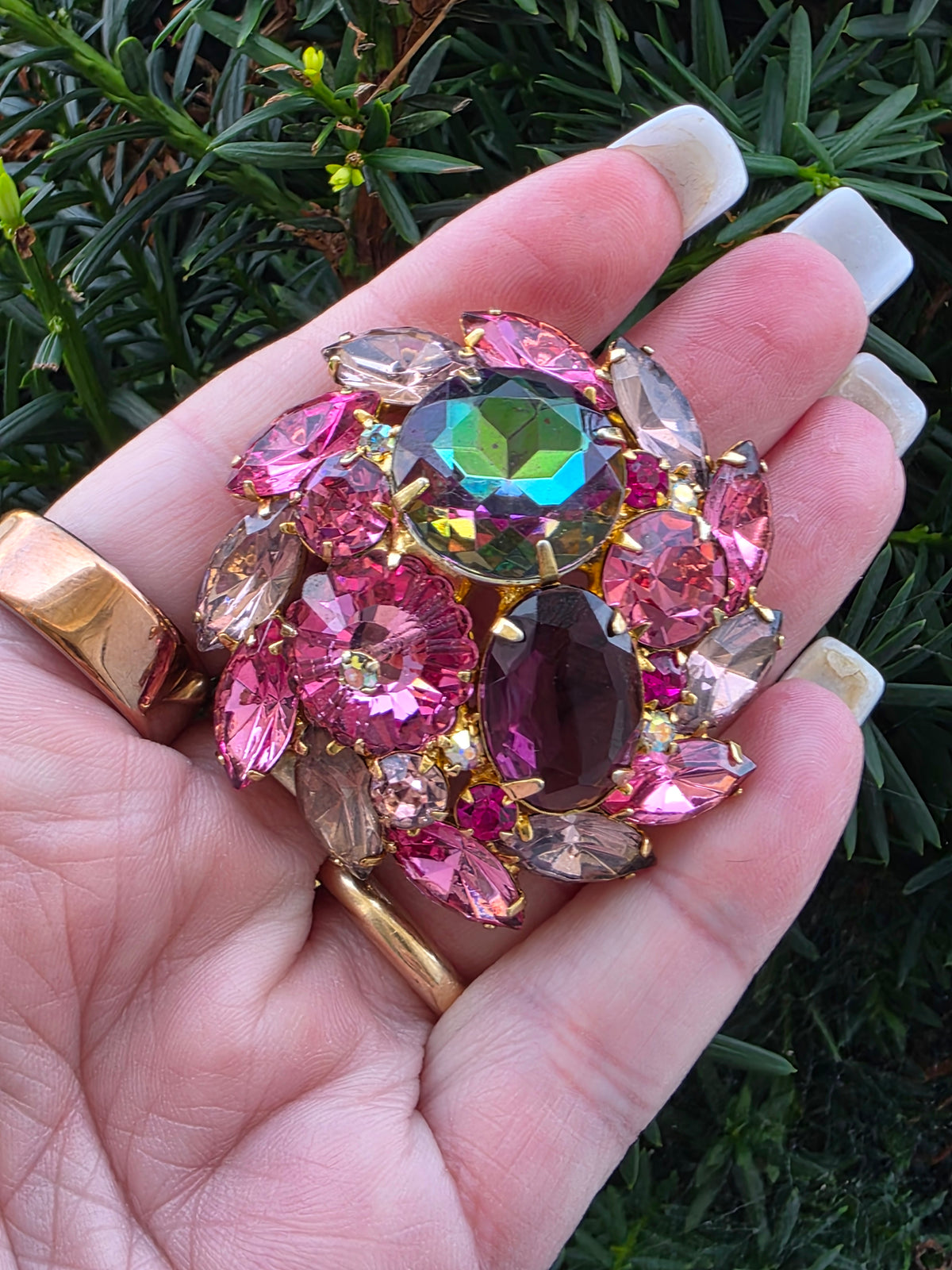 Vibrant Vintage Unsigned Pink Rhinestone Rivoli & Watermelon Brooch Pin
