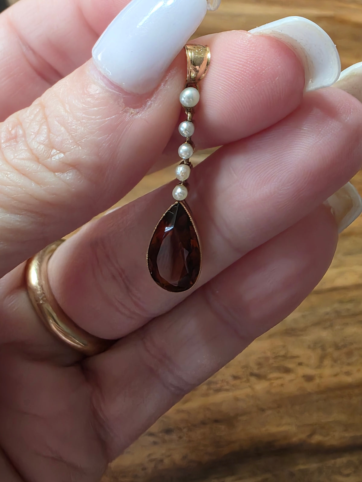 Antique Edwardian 14k Gold Madeira Citrine & Seed Pearl Lavalier Pendant