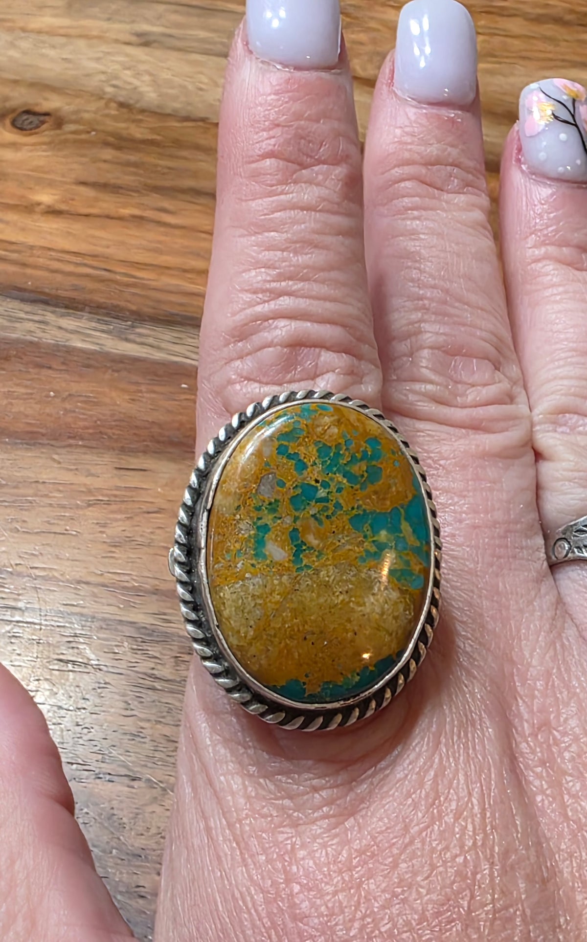 Heavy Sterling & Royston Turquoise Navajo Ring, Size 9.75