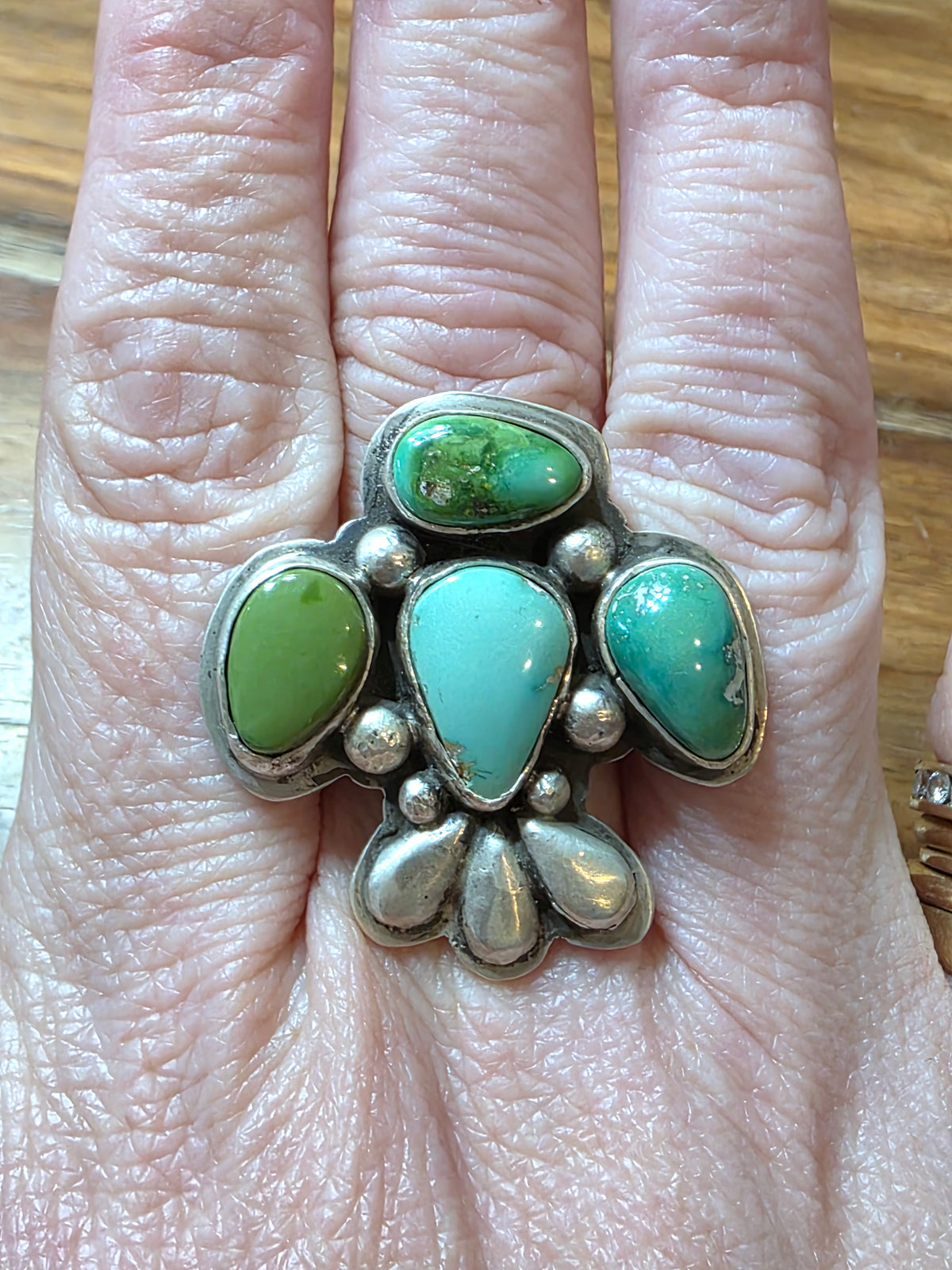 Navajo Russell Sam Sterling Silver Sonoran Gold Turquoise Ring, Sz 8.5