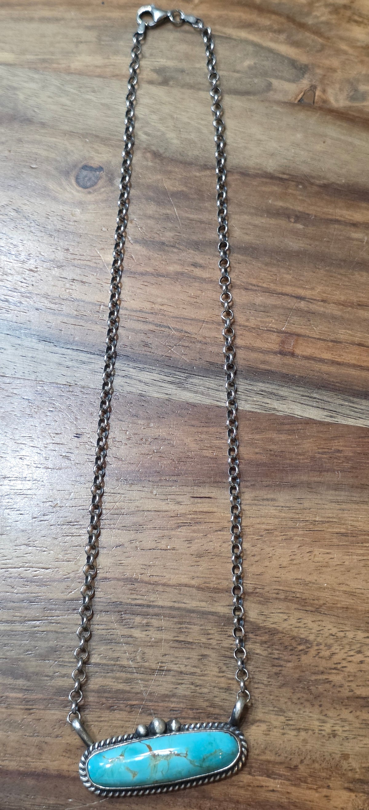Navajo Elouise Kee Sterling Silver Kingman Turquoise Bar Necklace