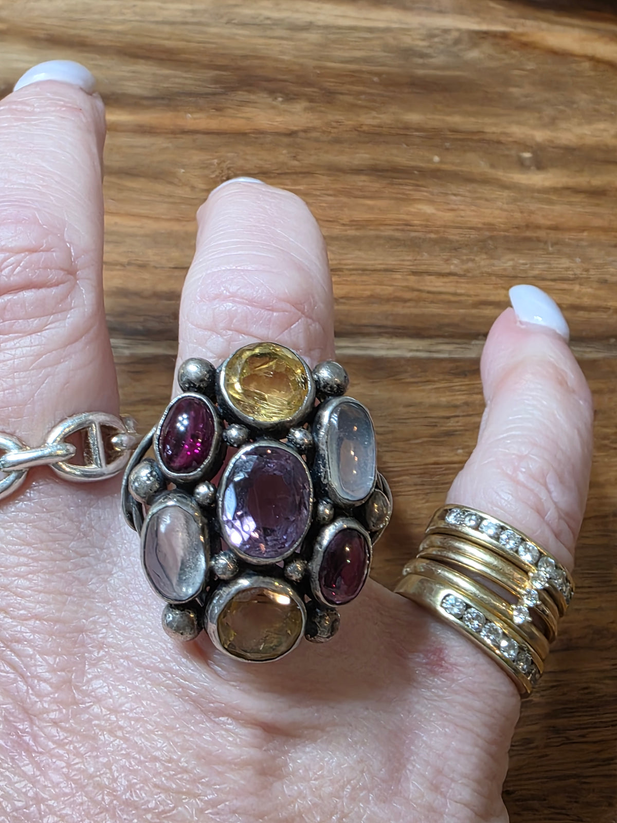 Retro 1930s Era Multi-Gemstone Sterling Ring, Moonstone Garnet Citrine
