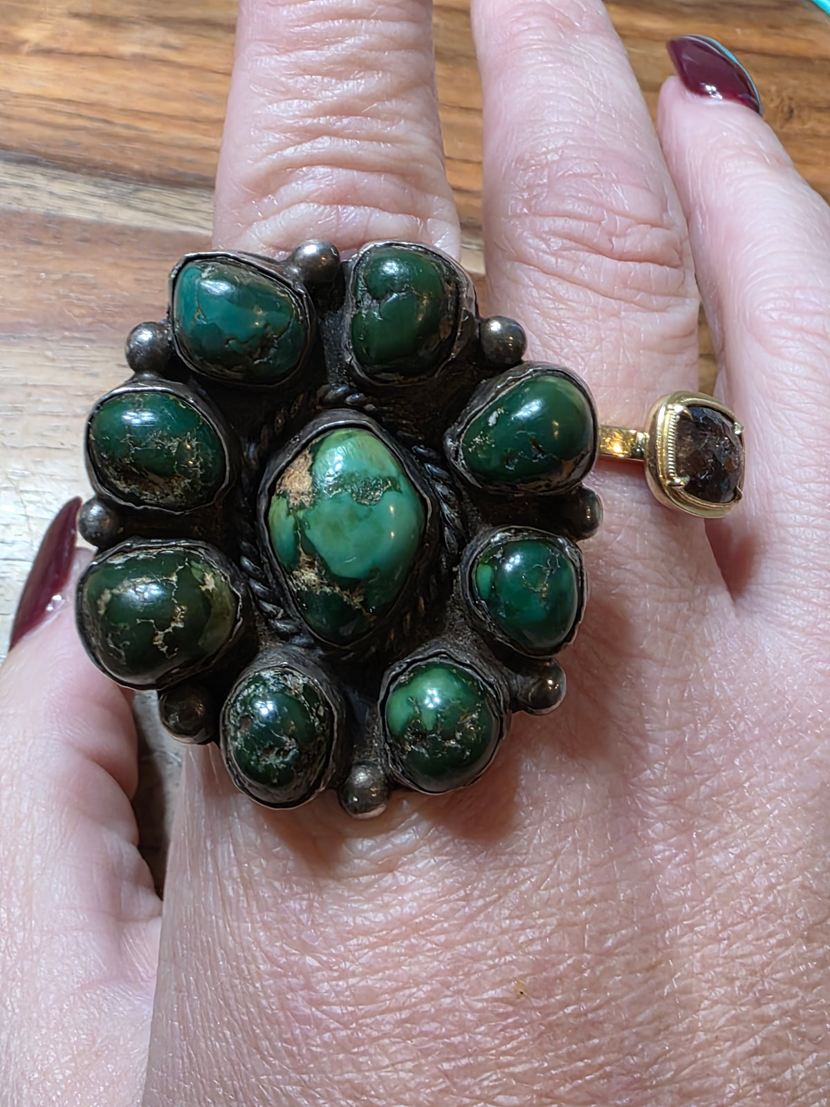 Vintage Old Pawn Navajo Sterling Silver & Green Turquoise Cluster Ring Size 8.25