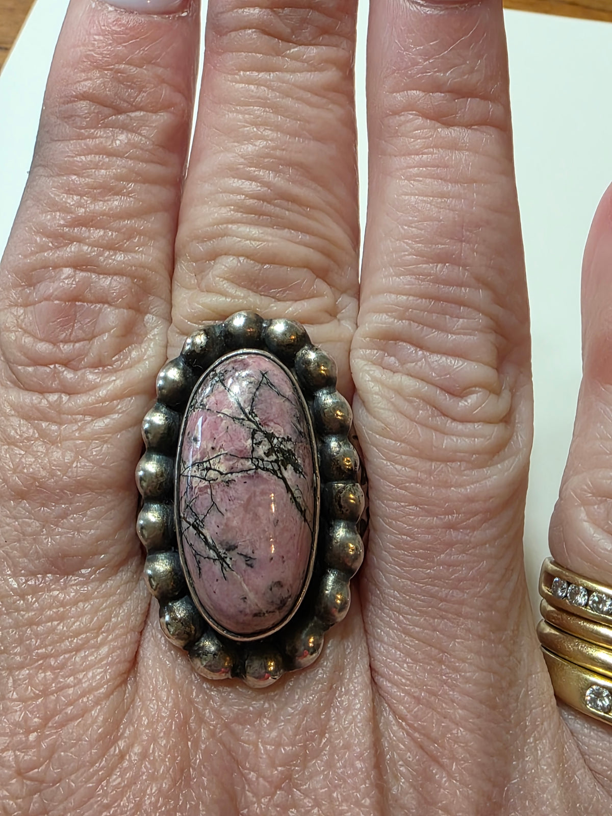 Navajo Paul Livingston Sterling Silver Rhodonite Ring, Size 8.25