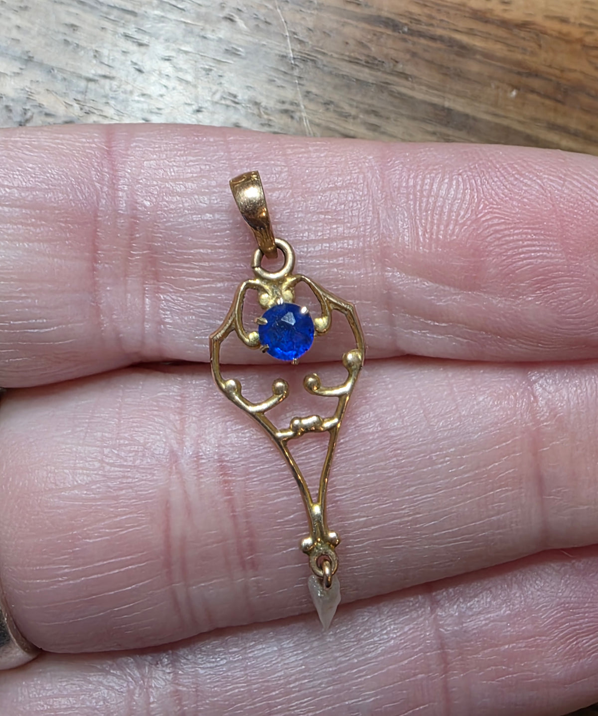 Antique Edwardian 10k Gold Sapphire & Dog Tooth Pearl Drop Lavalier Pendant