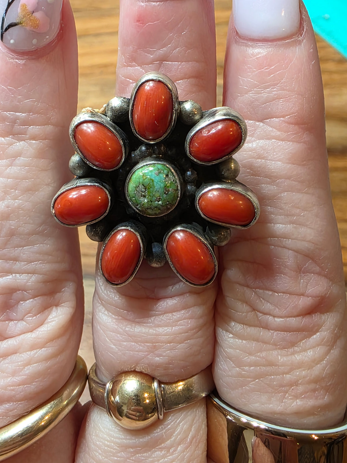 Navajo Mediterranean Coral & Green Turquoise Cluster Ring