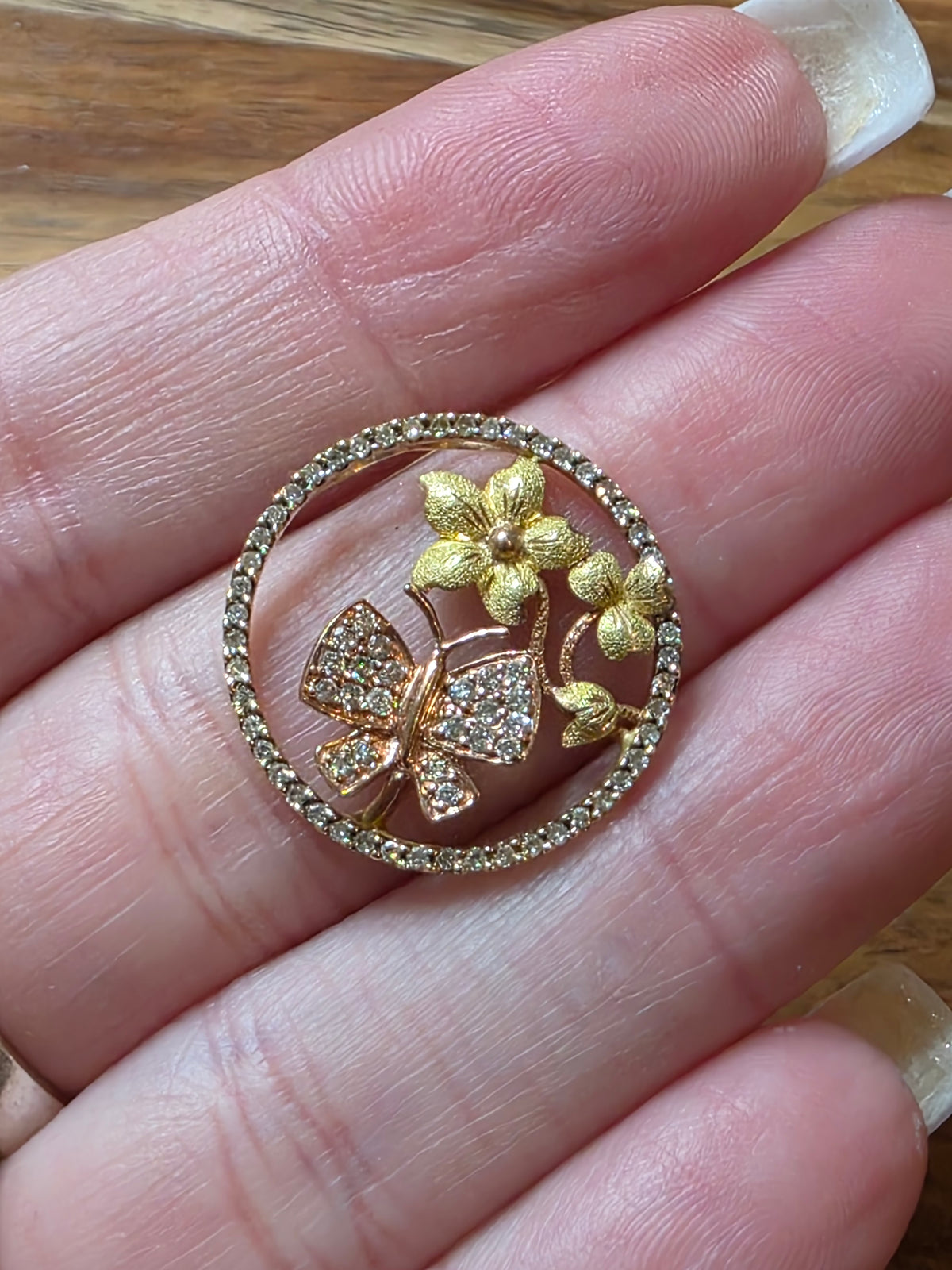 14k Multicolor Gold & Diamond Floral Butterfly Disc Pendant