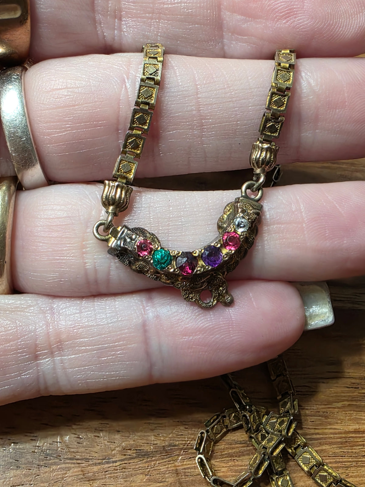 Antique Gold Filled Multi Color Paste Stone Book Chain Necklace
