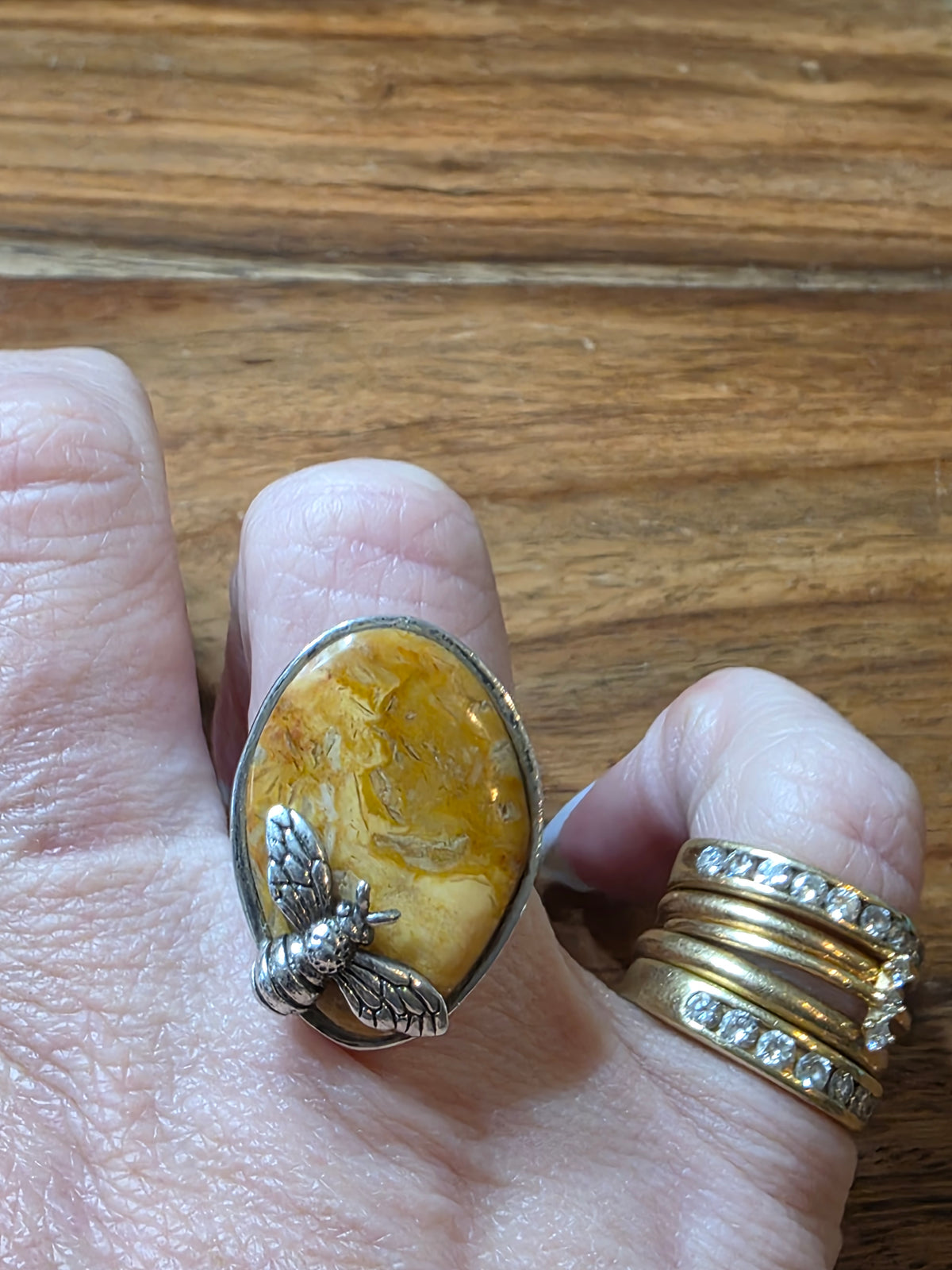 Vintage Barse Sterling Silver Applied Bumblebee, Yellow Jasper Statement Ring