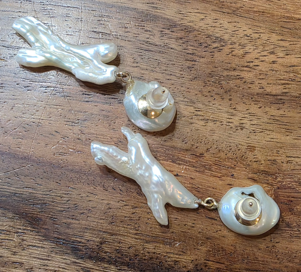 Estate 14k Yellow Gold Organic Biwa Stick & Coin Baroque Pearl Drop Earrings